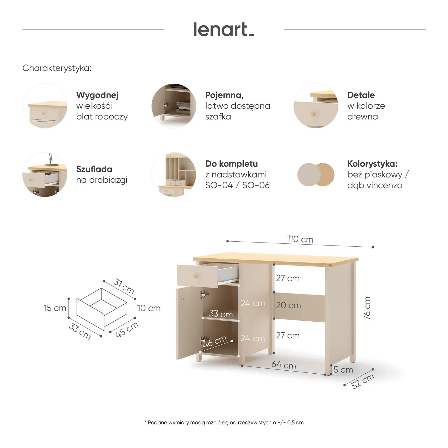 Biurko z szafką i szufladą STORY 03 beż piaskowy dąb vincenza bielony - SO3BPVB