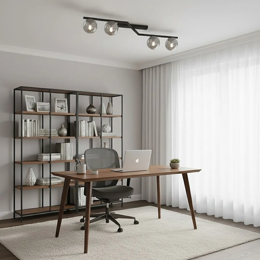 image biurko, stolik, regał metalowy, sofa, dywan