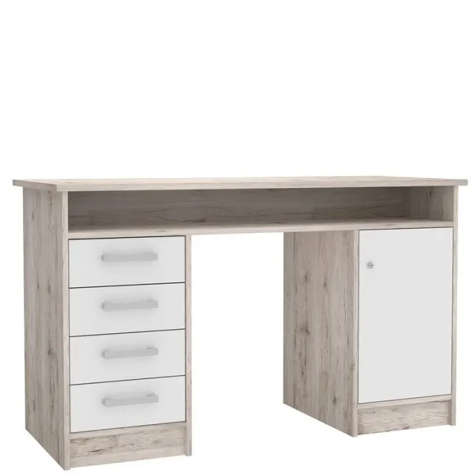 Biurko NET106 z szafką, 4 szufladami i półką - efekt drewna, biały