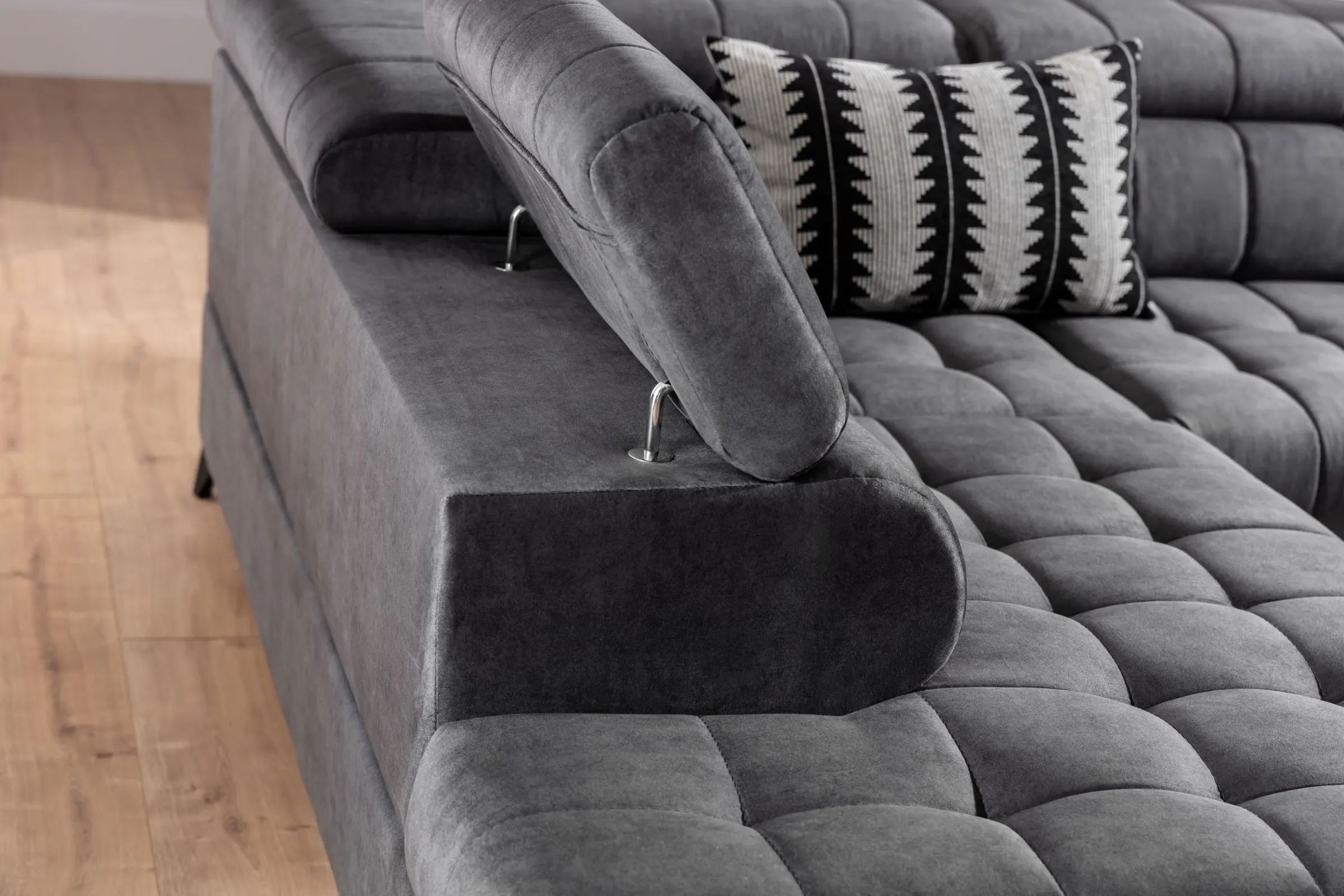 Narożnik rozkładany lewostronny VALORIS (Zetta 305) 280x200 cm regulowane zagłówki i podłokietniki grafitowy - B_162430