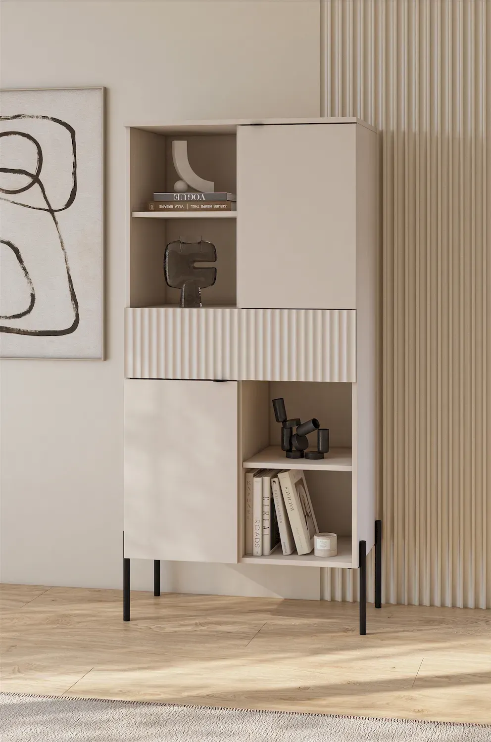 Komoda wysoka 2-drzwiowa z szufladą ORE kaszmir ryflowany front czarne nóżki - 24KROG42