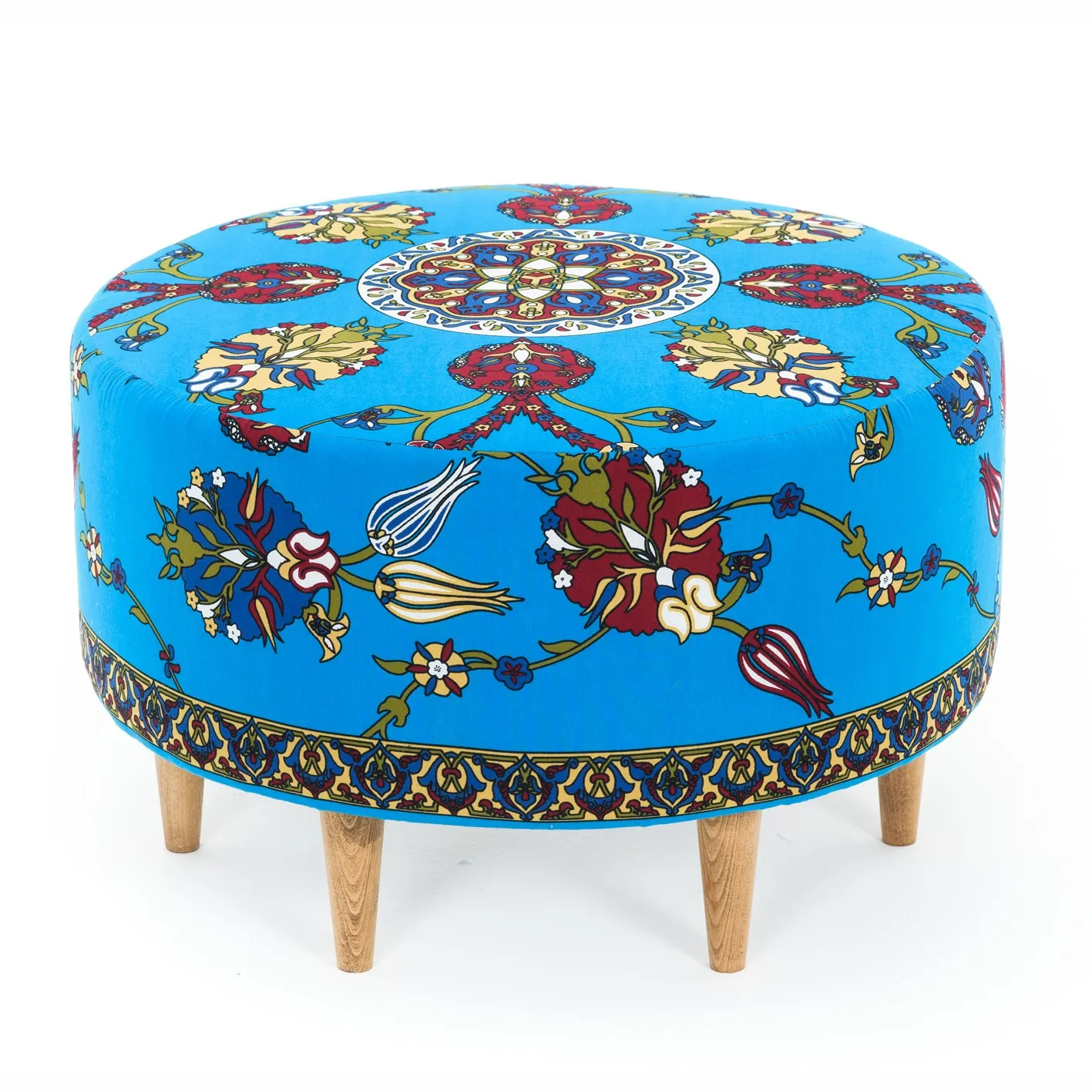 ottoman, pouf, niebieski, falbanka, wzór roślinny