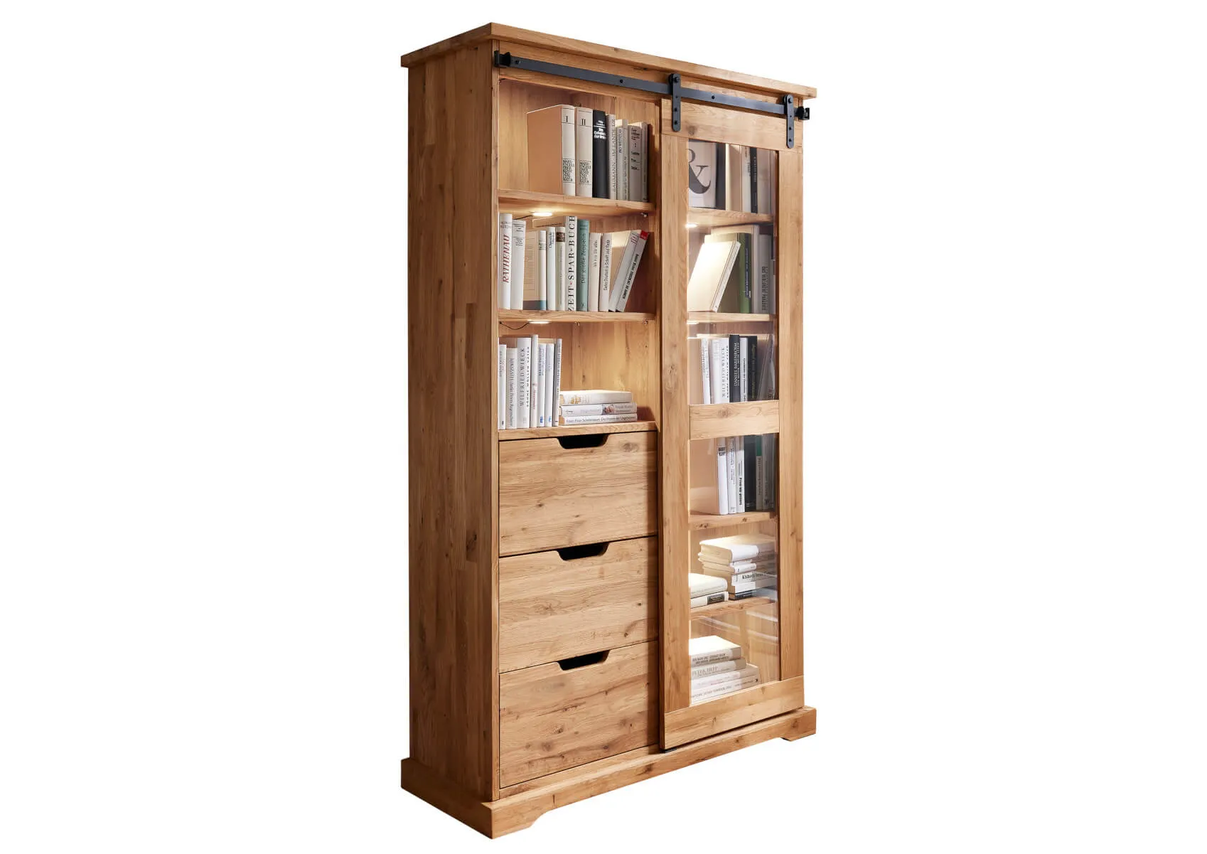 Witryna dębowa z przeszkleniem TIDY 102x179 z 3 szufladami, dąb olejowany