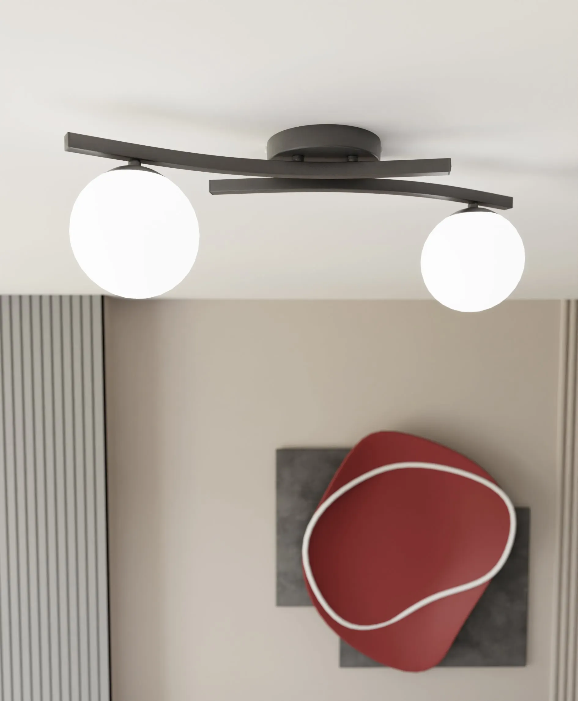 lampa sufitowa, globowa, metal, biała szkło, modernistyczna
