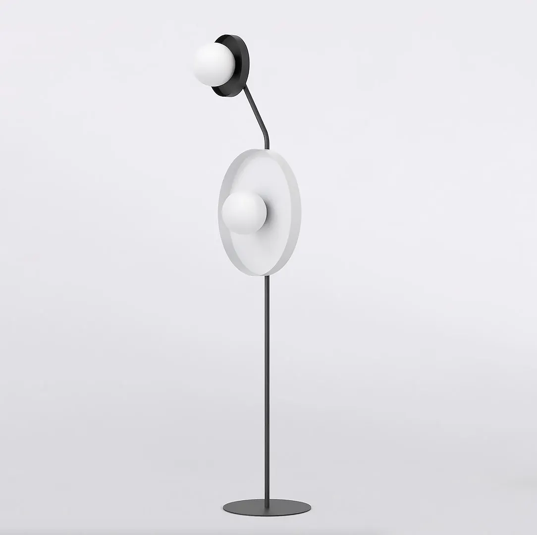 lampa, lampka stojąca, metal, białe koła, minimalizm