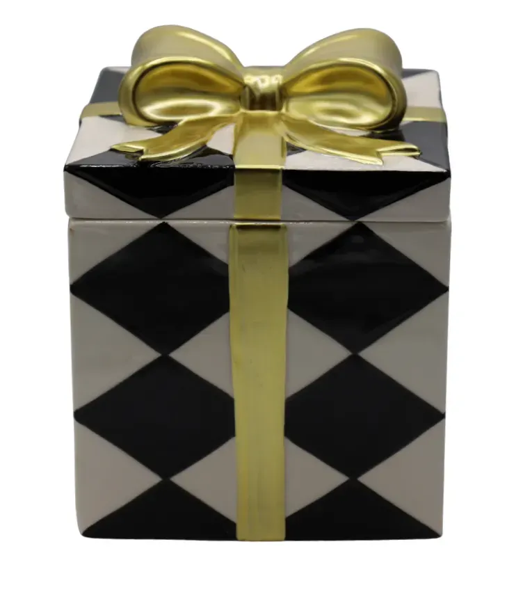 PUZDERKO ceramiczne na prezent ROMBY duże biało-czarno-złote