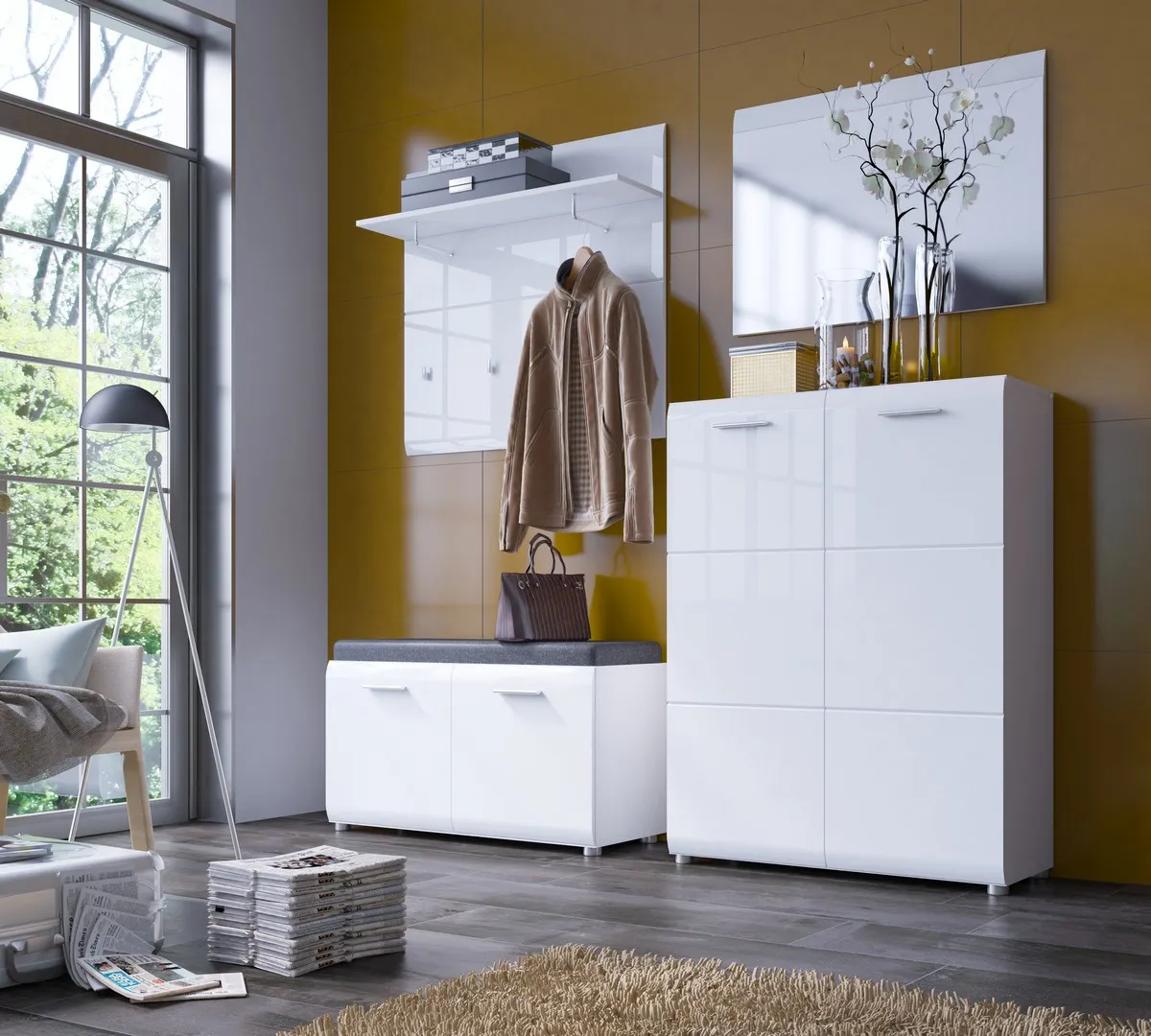 SZAFKA NA BUTY Z SIEDZISKIEM MERANO MEOG03 NISKA BIAŁA ALPEJSKA/PVC BIAŁY POŁYSK - 6000000007864