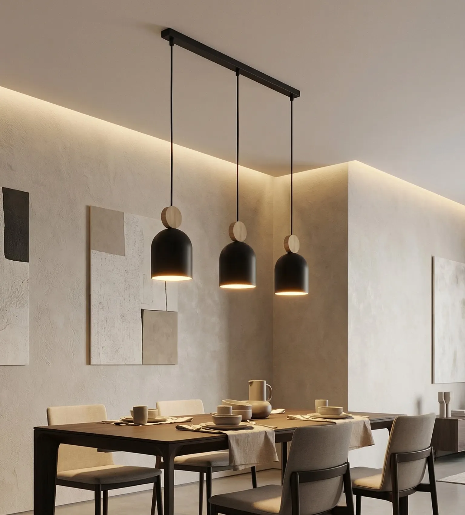 lampa wisząca, kinkiety, czarne, drewniane elementy, jadalnia
