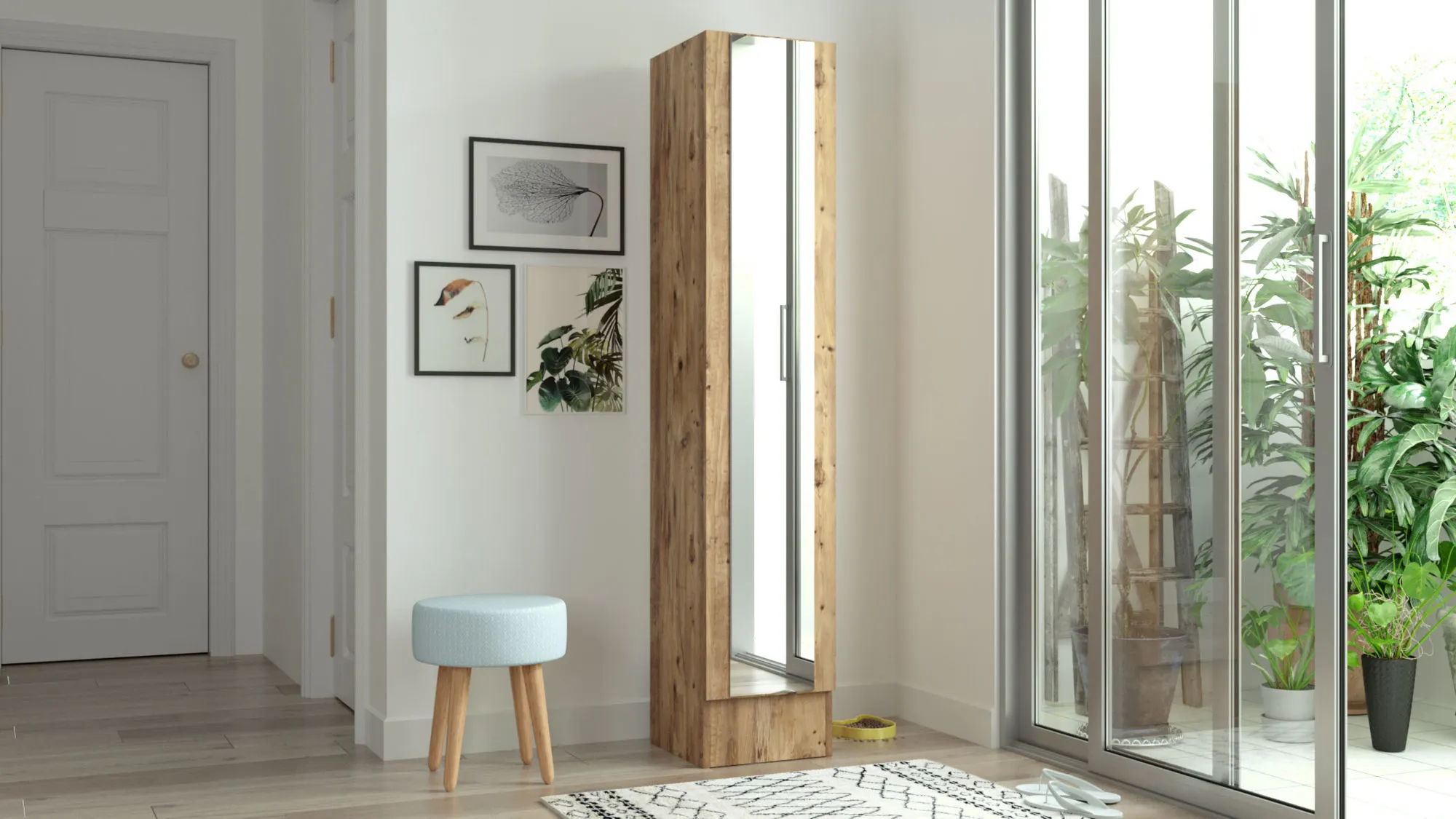 image szafa z lustrem, drewniana szafa, lustro, stolik siedzisko, plenerowy balkon/ogród