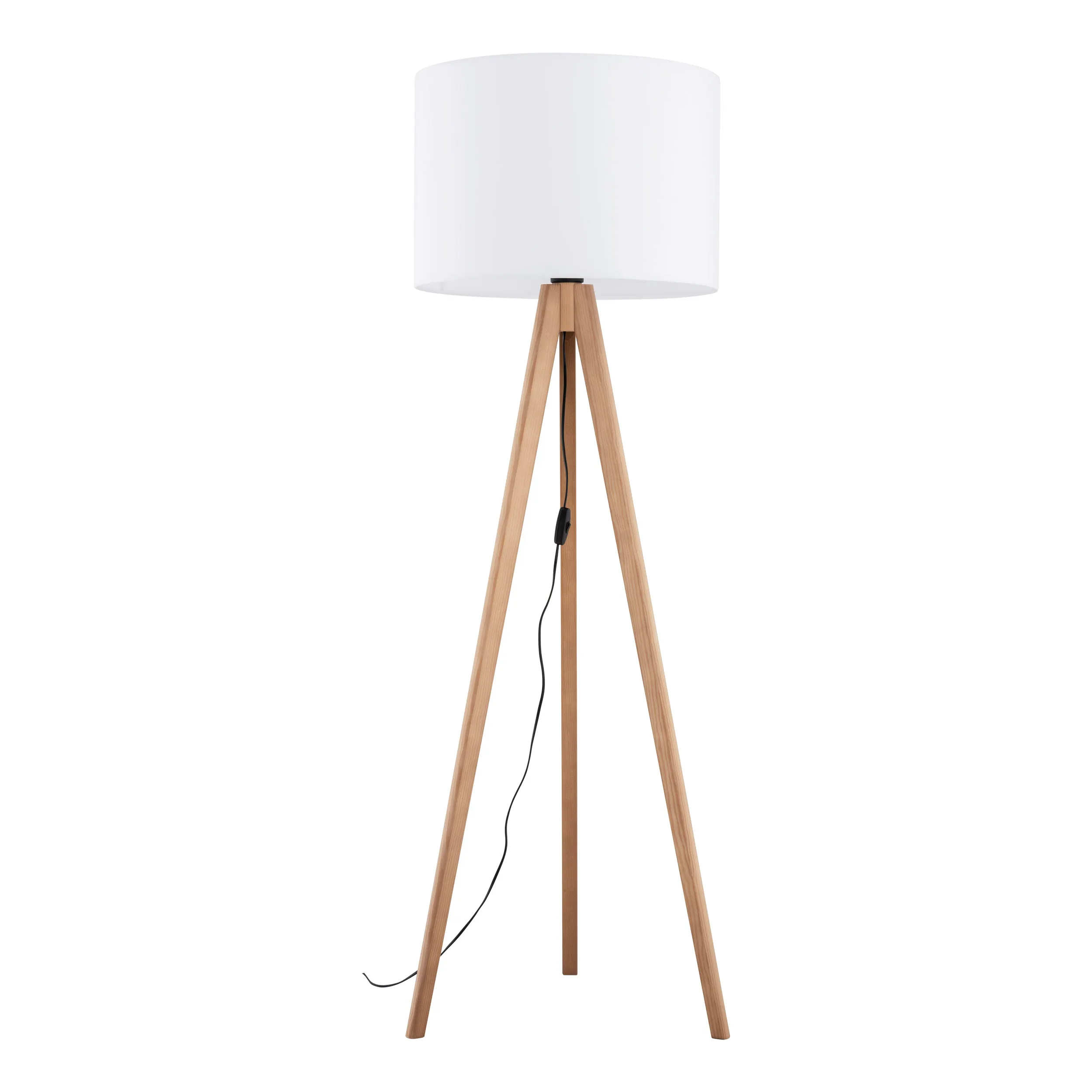 Lampa podłogowa GRAND sosnowe nogi biały okrągły abażur z tkaniny 145x50cm