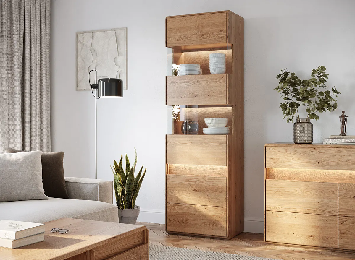 Witryna drewniana szklana DIVISIONE z oświetleniem prawa dąb olejowany - ZIDIV01R