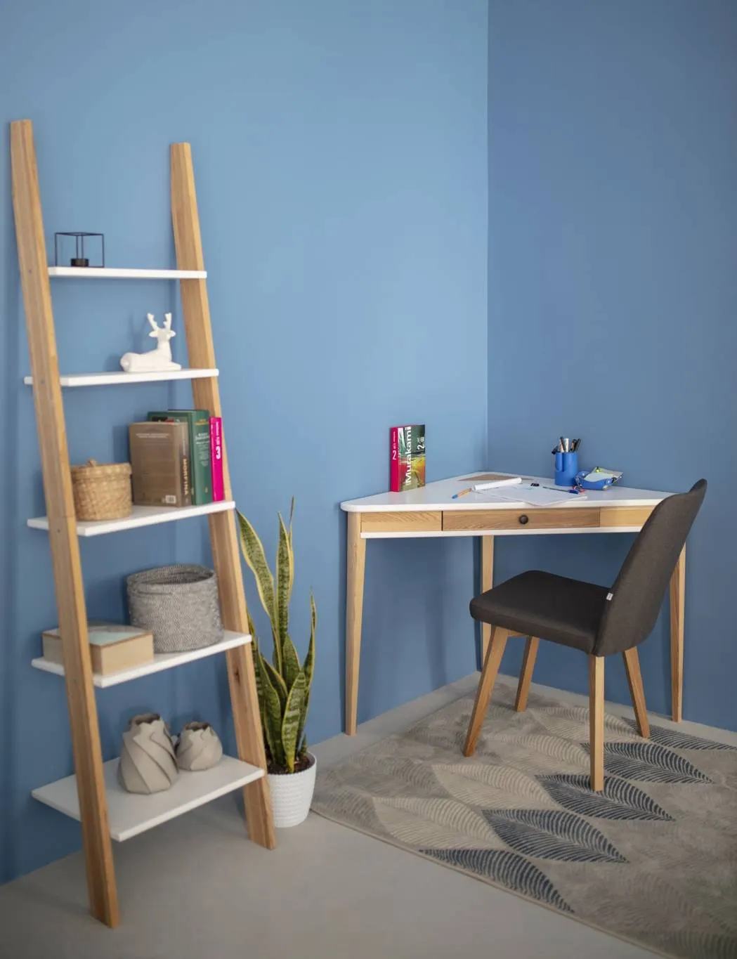 Biurko narożne z szufladą ASHME 114x85 kremowy blat/jesionowe nogi - NRAGABAACD2