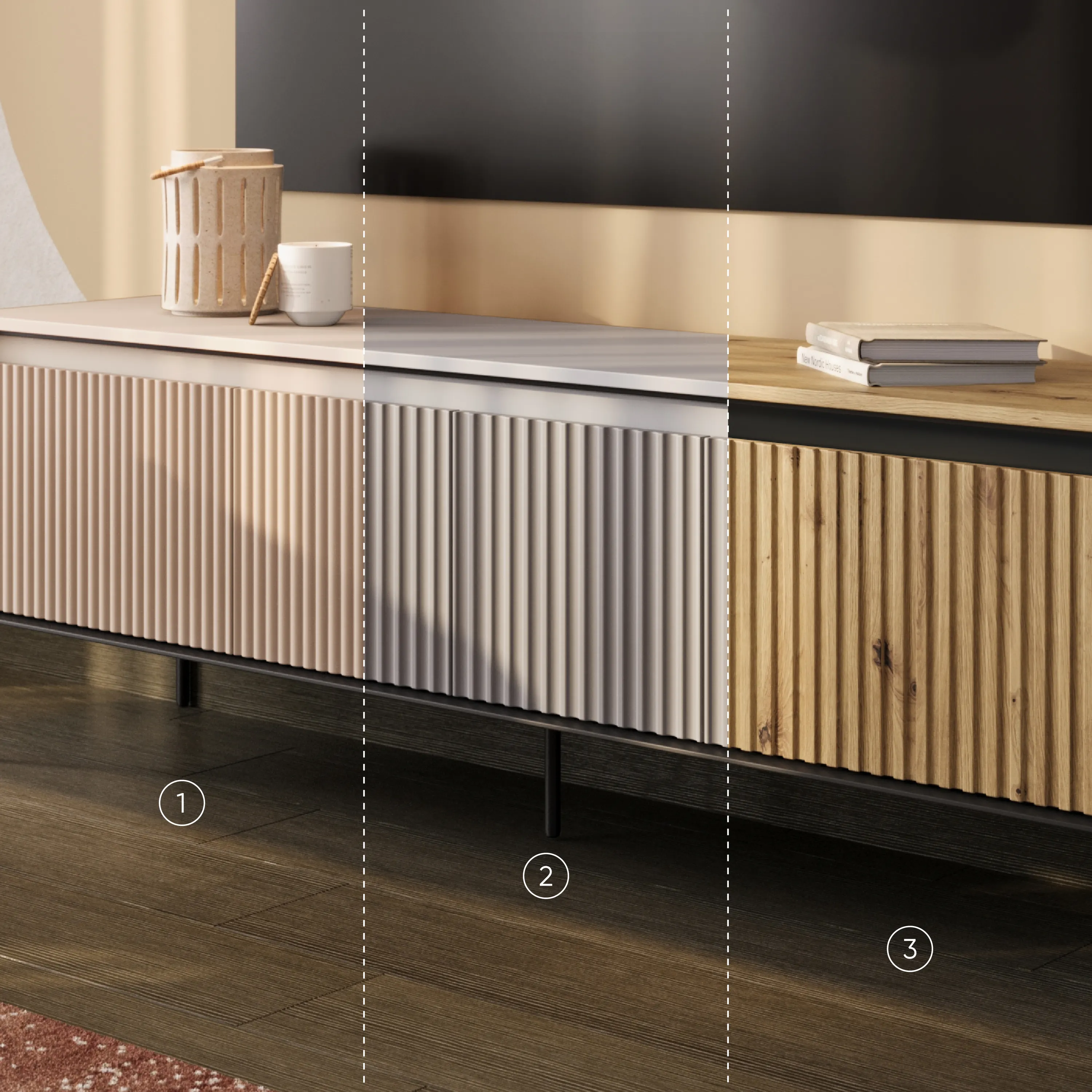 Szafka RTV z oświetleniem ryflowana TREND TR-05 4D 166cm - beż piaskowy/czarny - TR5BPC-V2