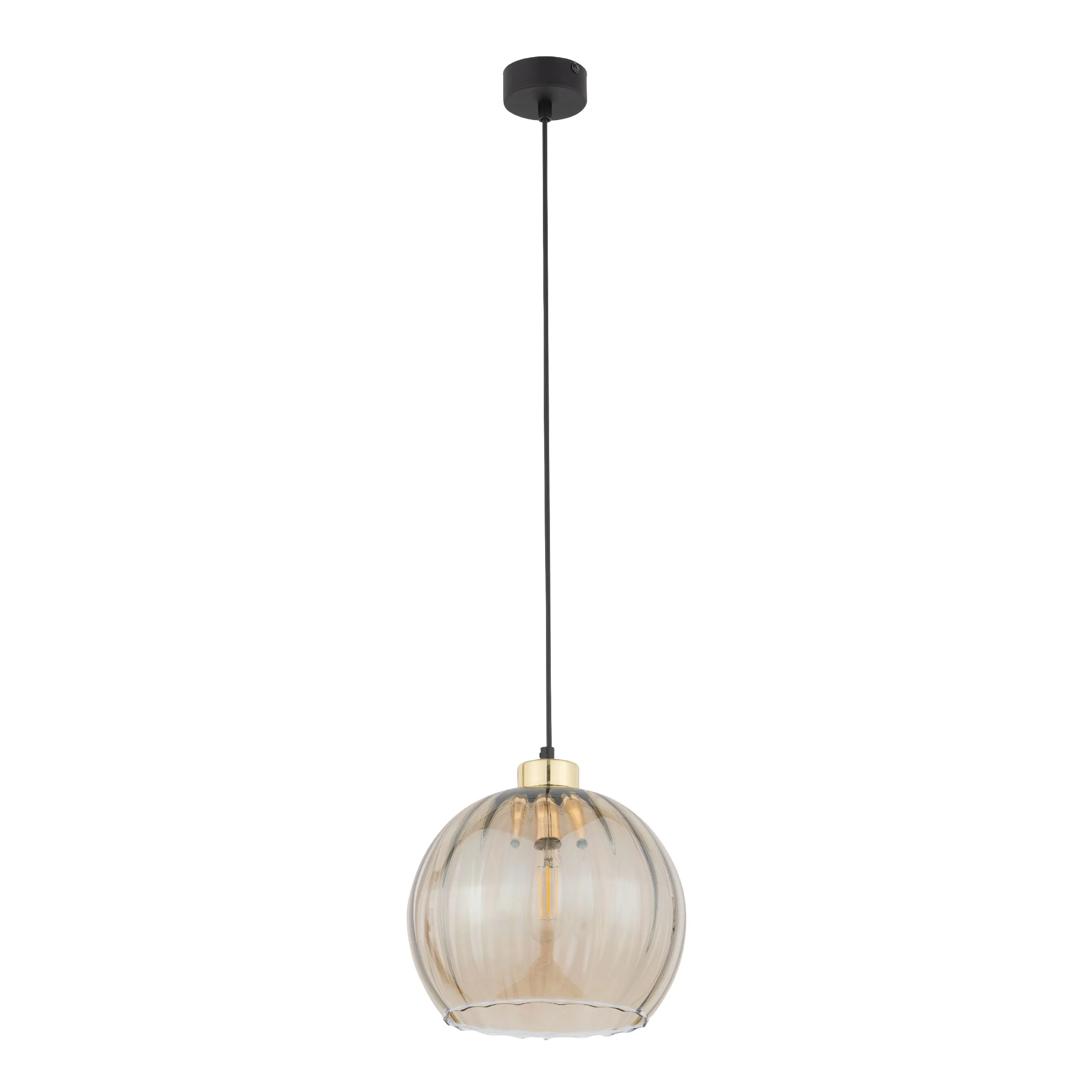 Lampa wisząca DEVI czarna ze złotym elementem bursztynowym okrągłym kryształowym kloszem 170x25cm