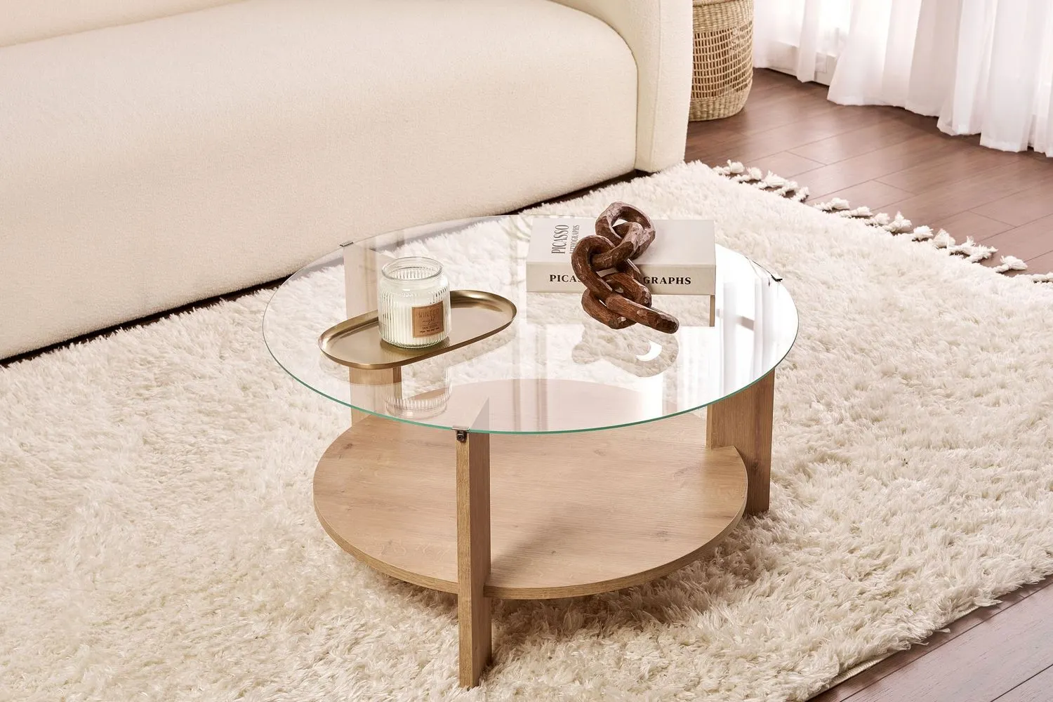 Stolik kawowy okrągły z półką CLARA 75 cm dąb sapphire blat transparentny — zdjęcie 2