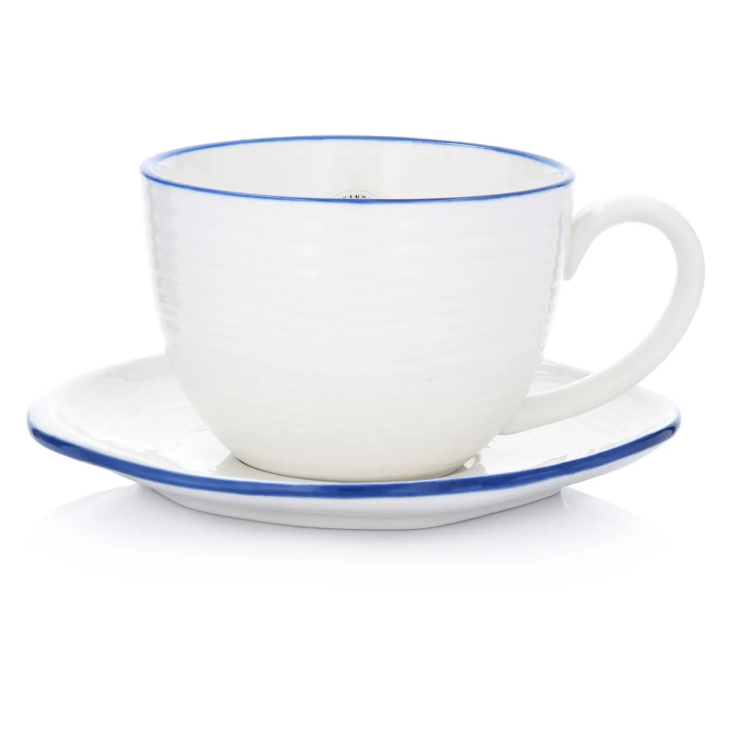 image tazza, porcelana, biała, granatowa linia, zestaw z talerzykiem