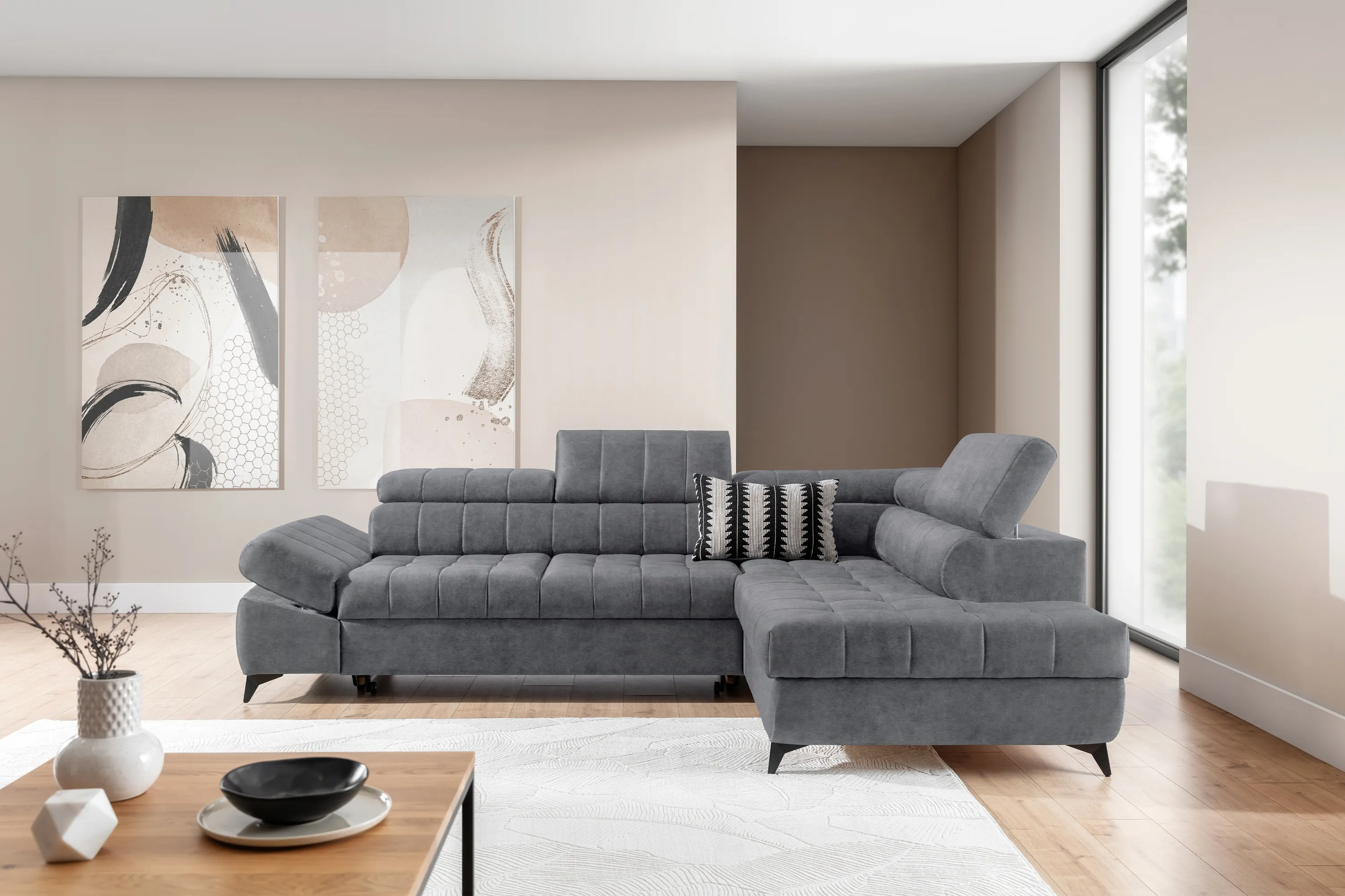 Narożnik lewostronny VALORIS L regulowane zagłówki i podłokietniki tkanina Cloud 82 szary - B_162909