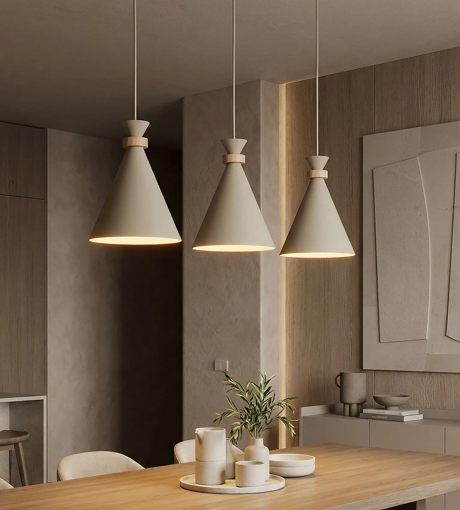 lampa wisząca, kute żarówki, styl skandynawski, drewniane wykończenie, jadalnia