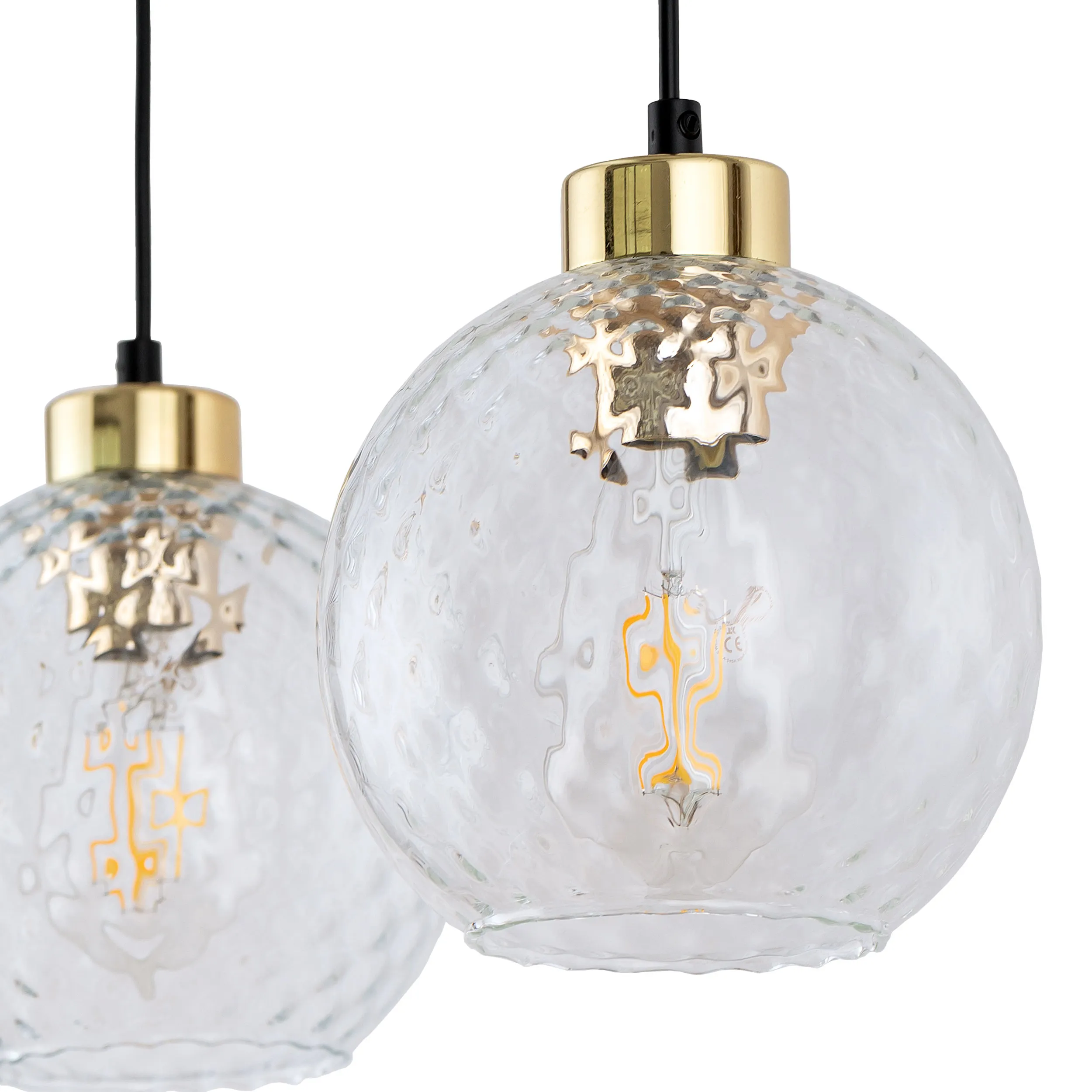 Lampa wisząca DEVON czarna ze złotymi elementami i trzema kryształowymi szklanymi okrągłymi kloszami na listwie 100x82x18cm - TK_4587