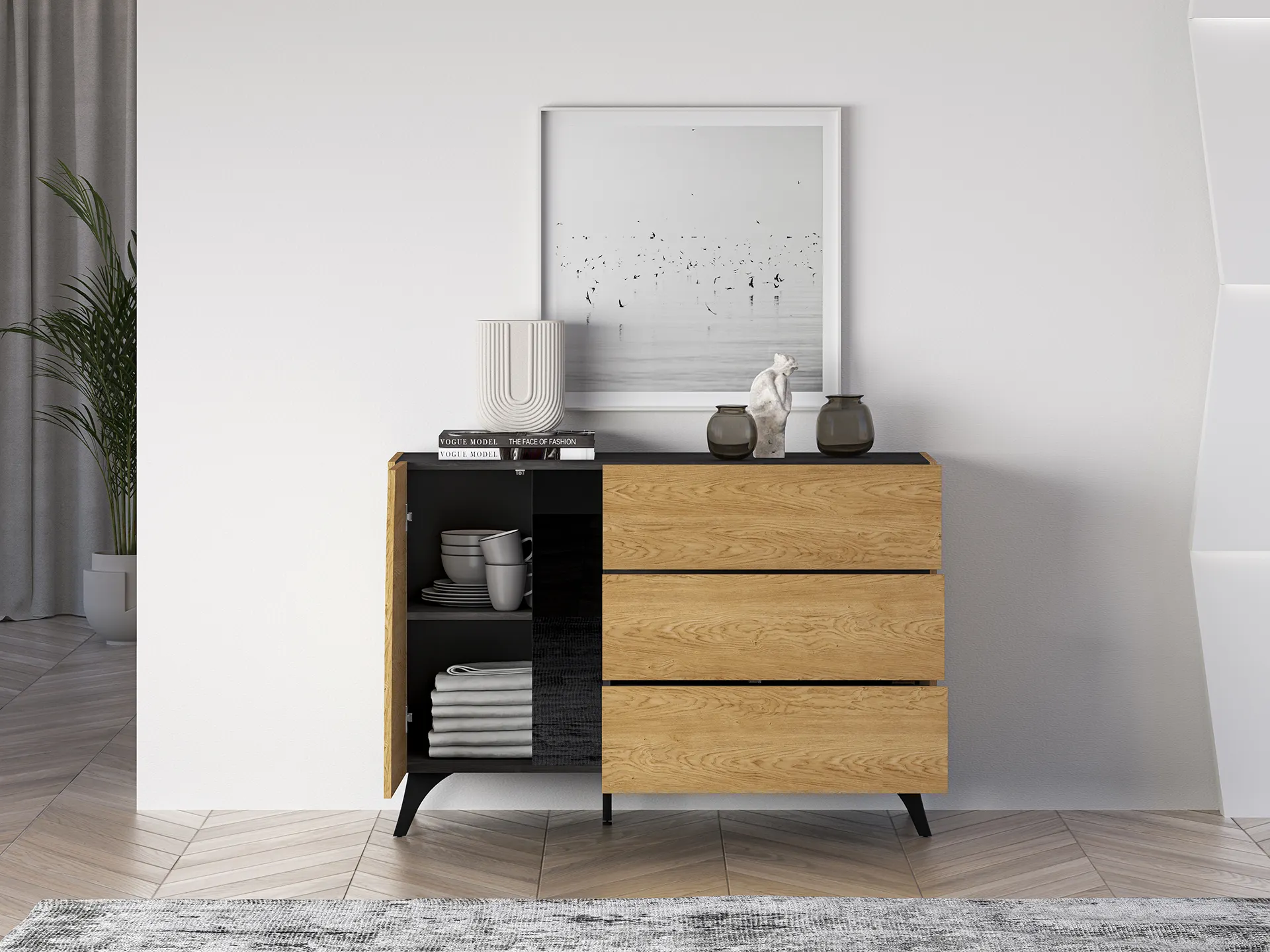 Komoda 1-drzwiowa z 3 szufladami TOSCANIA 05 dąb baltic dune jesion prestige czarny - 1TOSC05-001