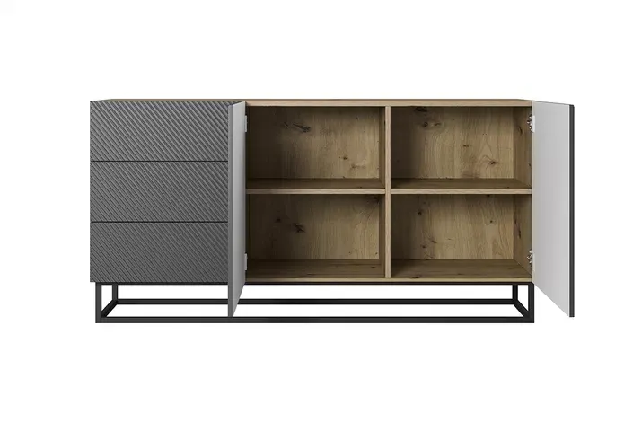 Komoda 2-drzwiowa z 3 szufladami ASHA 167 z szufladami - szara - dąb artisan z czarnym stelażem - ryflowany front - B_57066
