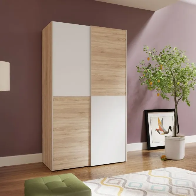 Szafa 2-drzwiowa OZZULA drążek i półki drzwi przesuwne 120cm dąb sonoma biały - OZLS722X10-Q45F