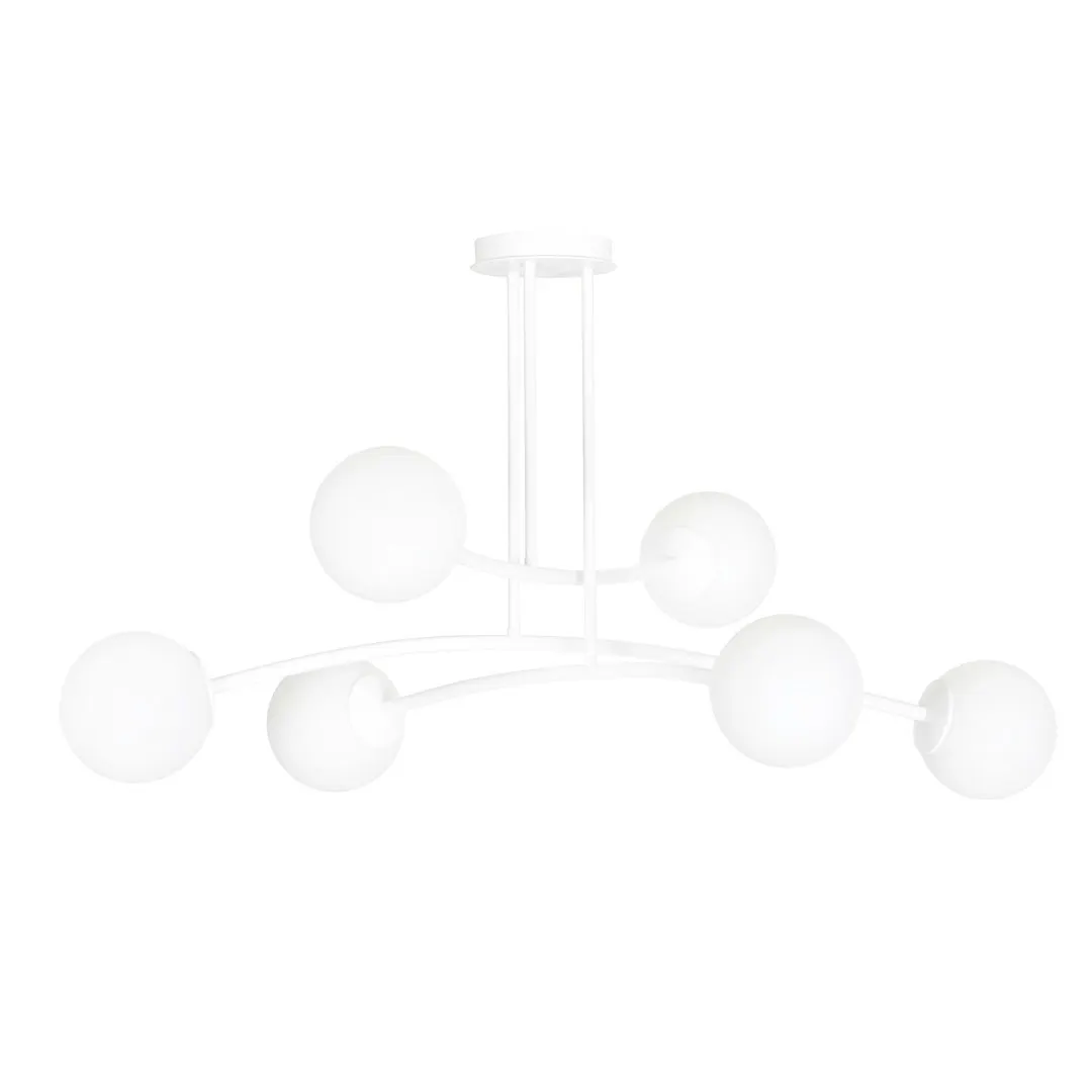 lampa sufitowa, metalowy uchwyt, biała kolor, kulka światła, nowoczesny design