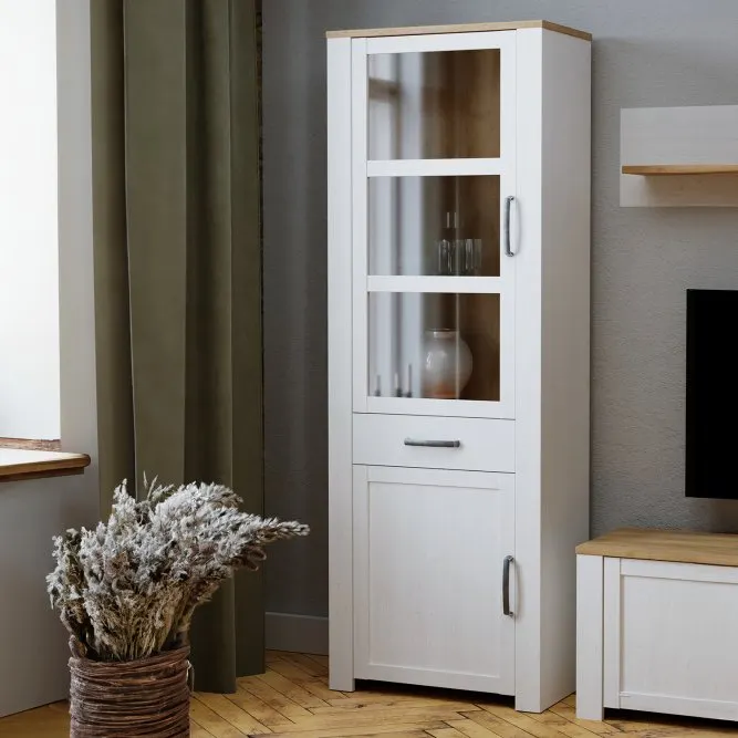 Witryna - kredens 2-drzwiowa z szufladą CHISBURY - dąb riviera, modrzew jasny sibu - BHLV712-M482