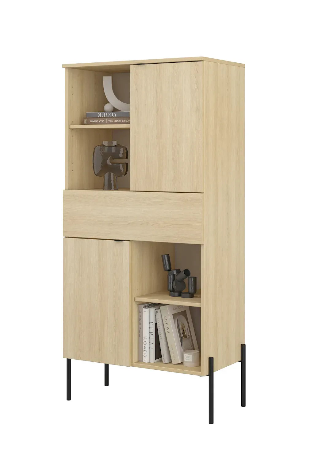Komoda wysoka 2-drzwiowa z szufladą ORE dąb lindberg czarne nóżki - 24LGOG42
