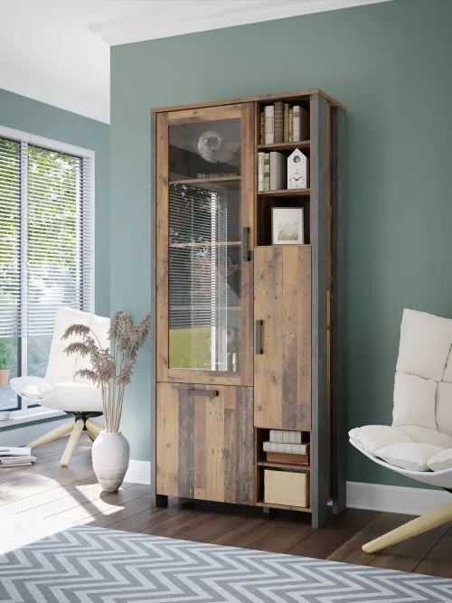 Witryna L CLIF 3-drzwiowa - old wood vintage, beton - CLFV721-C546