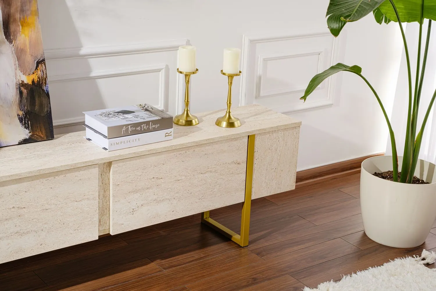 Szafka RTV 2-drzwiowa SERENITY 180 cm trawertynowa złoty stelaż - ASI_241NRD1308