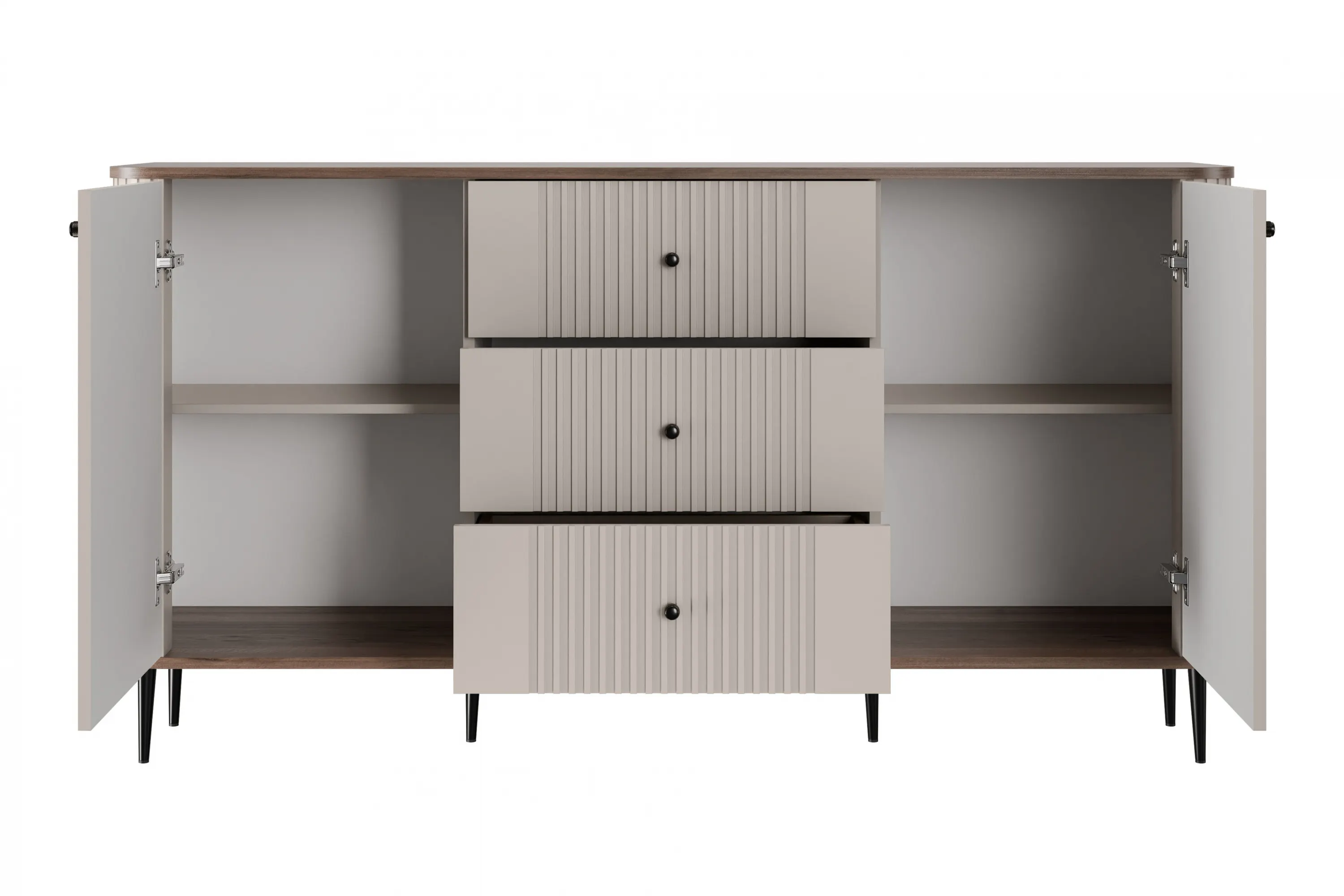 Komoda 2-drzwiowa z 3 szufladami VESPER 160 ryflowany front cashmere orzech czarne nogi - B_163604