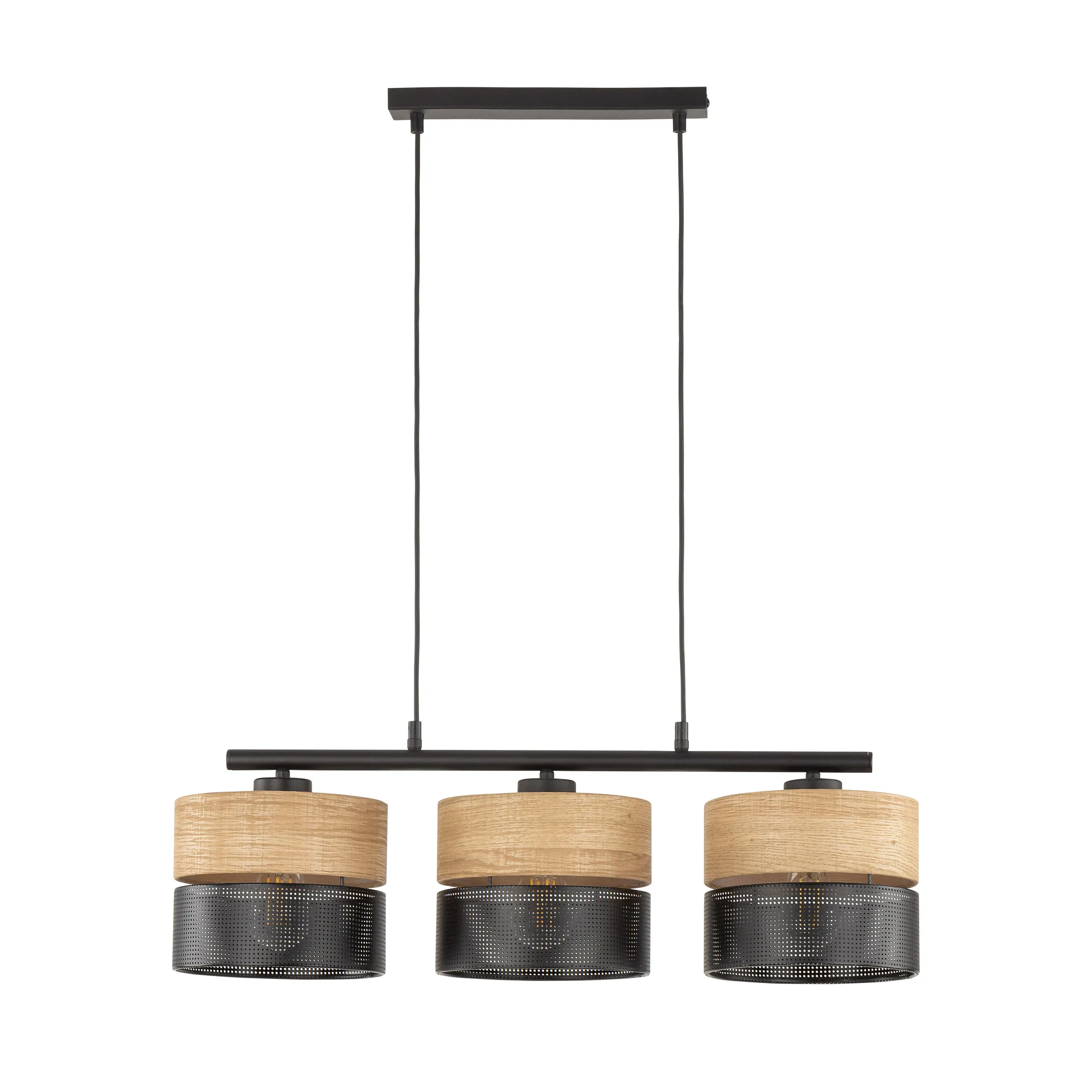 Lampa wisząca NICOL czarna z drewnianymi elementami potrójna na listwie metalowej 90x70x20cm - TK_4801