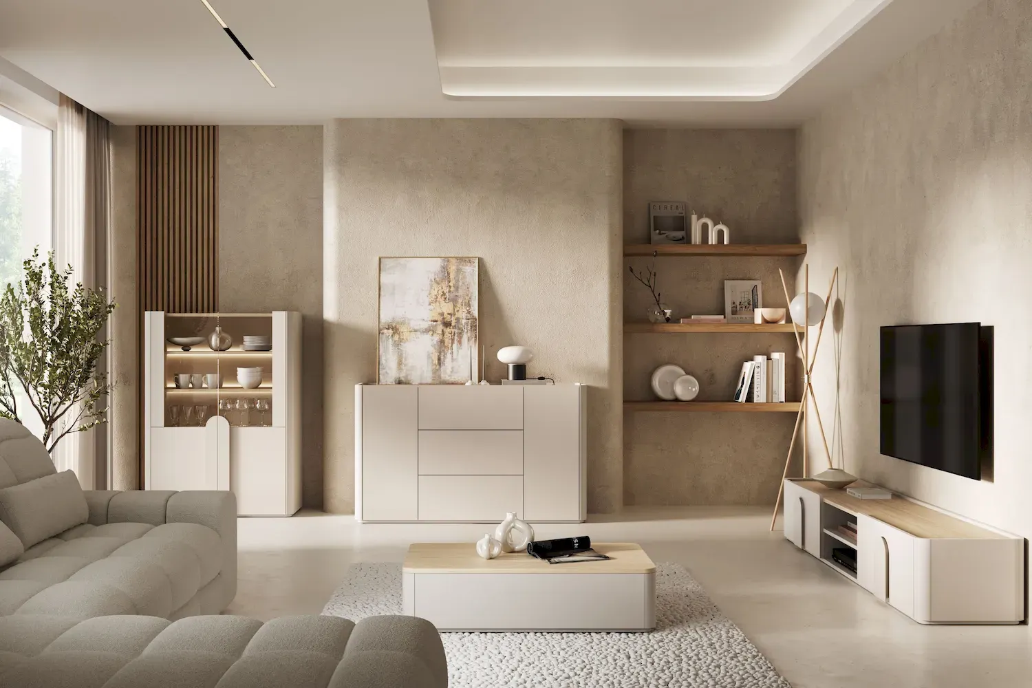 Szafka RTV z klapą i szufladą AMILIO 220 - cashmere dąb olejowany uchwyty cashmere - B_167063