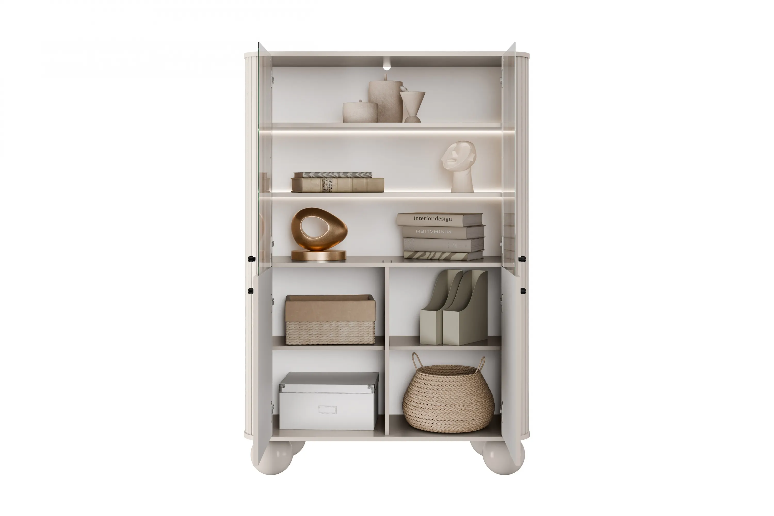 Witryna 4-drzwiowa z oświetleniem VESPER 103 ryflowany front cashmere czarne uchwyty nogi kule - B_167222