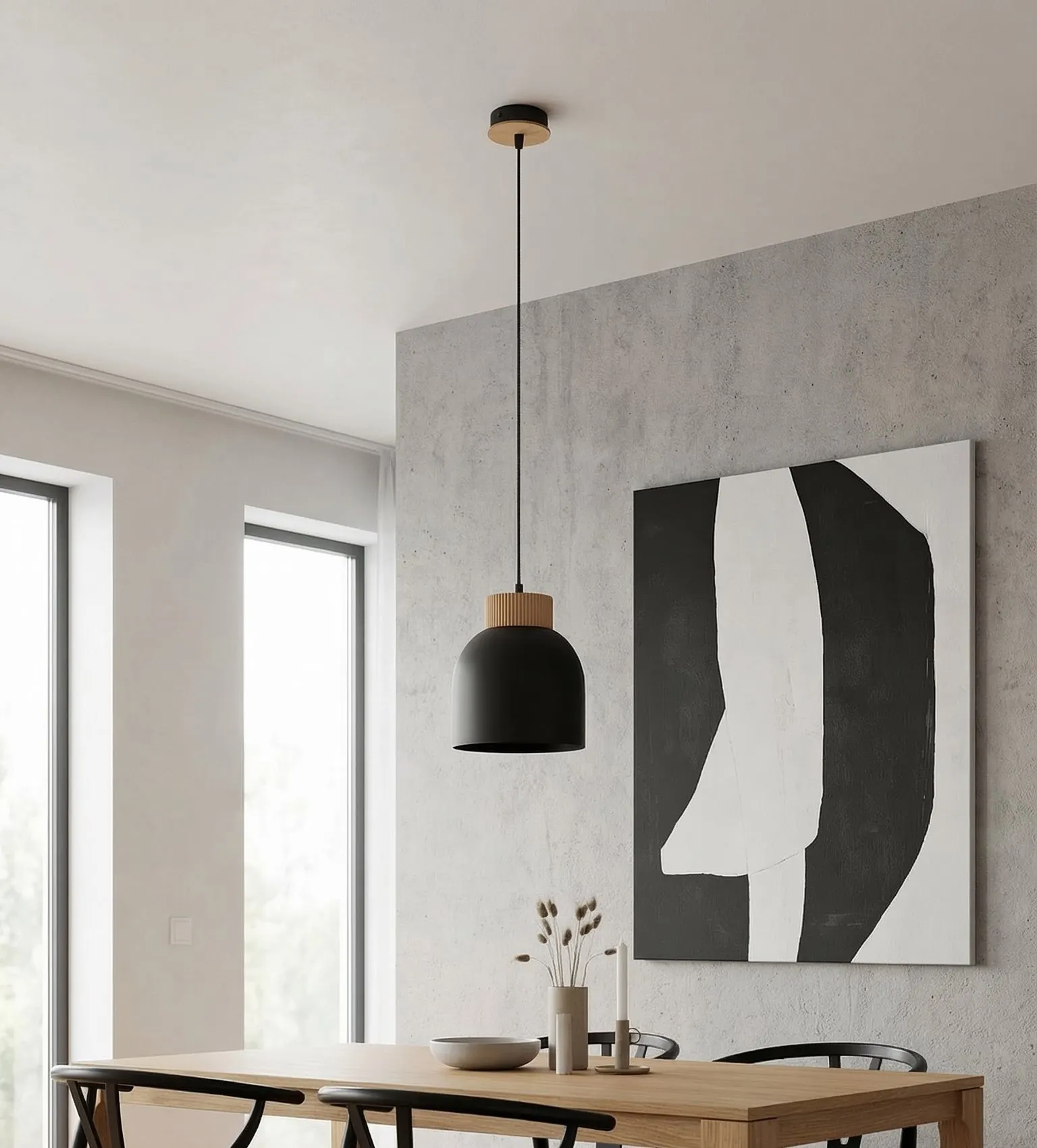 image lampa, lampka wisząca, czarny pendant, drewno akcent, sztuka abstrakcyjna