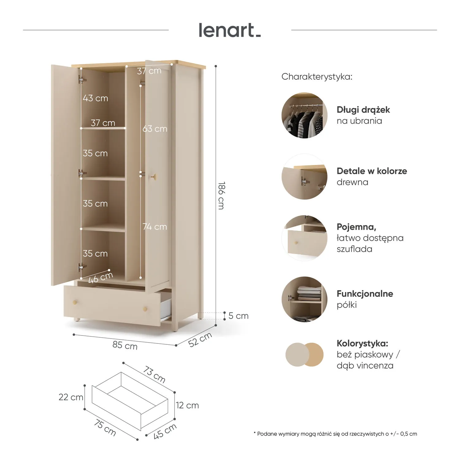 Szafa 2-drzwiowa z szufladą i 2 drążkami STORY 12 beż piaskowy dąb vincenza bielony - SO12BPVB