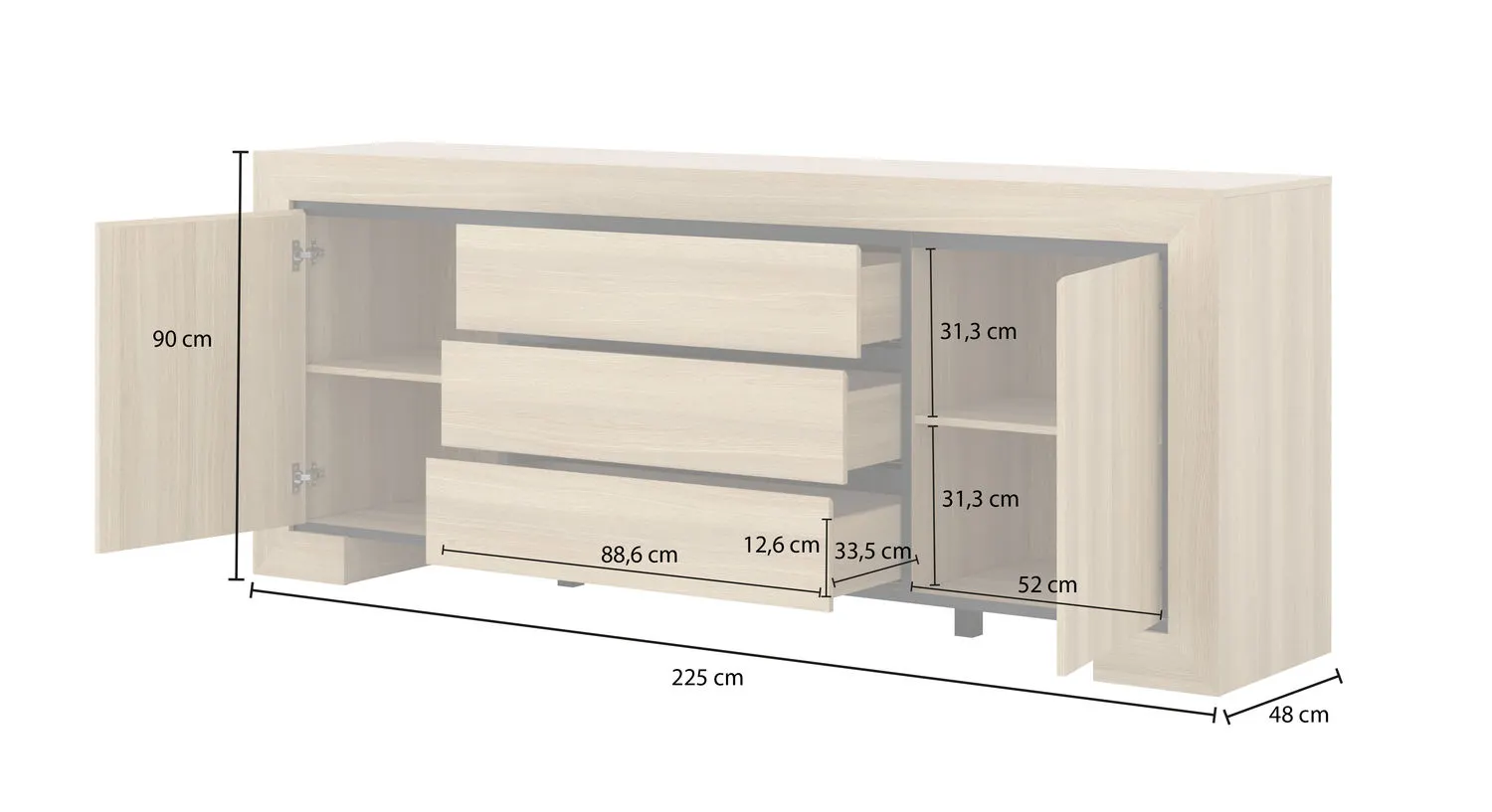 Komoda 2-drzwiowa z szufladami CUBA II 225 cm dąb samdal - 24DEOC25