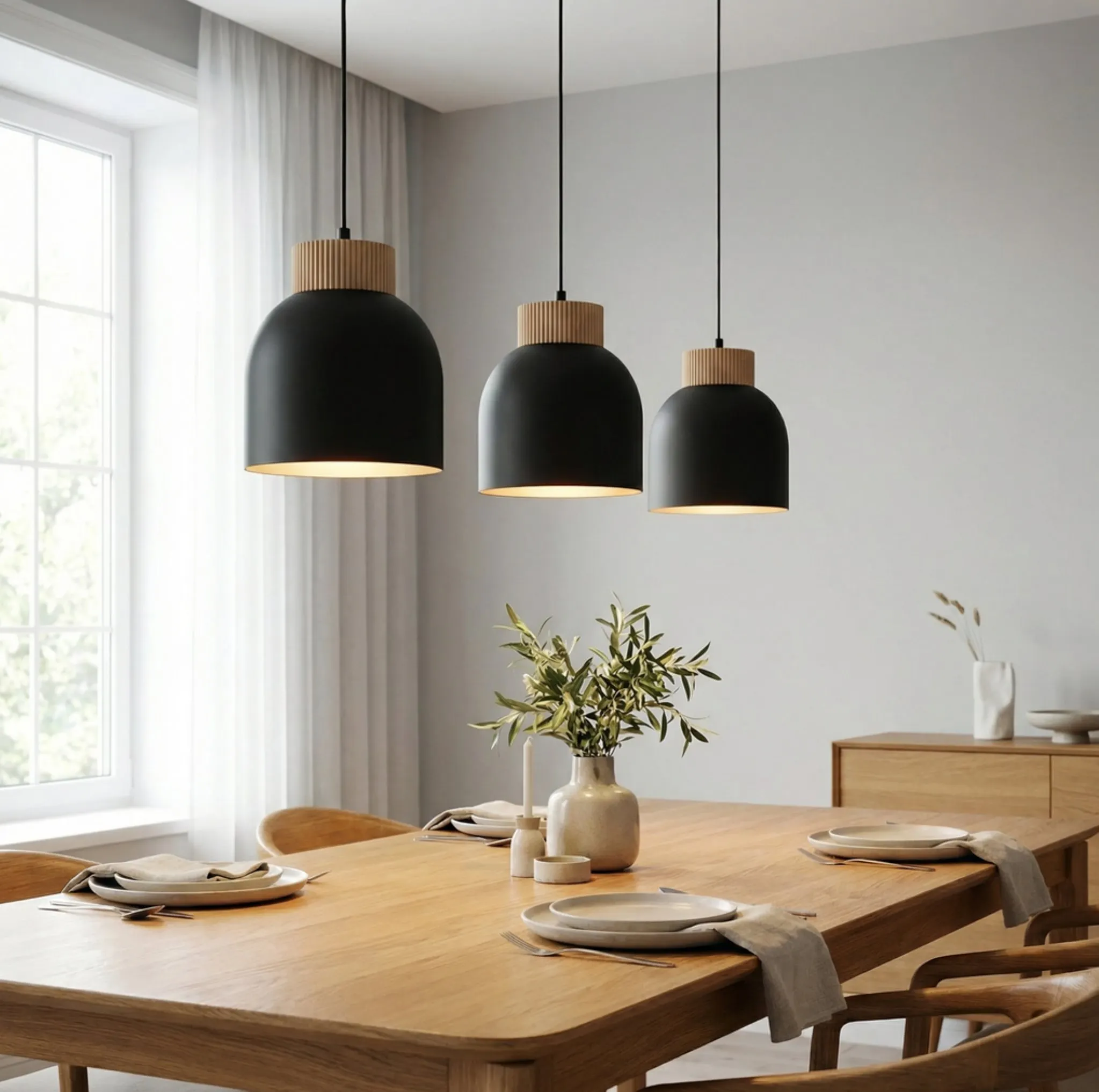 lampa wisząca, oświetlenie kuchenne, czarna lampa, drewniane wykończenie, stół drewniany