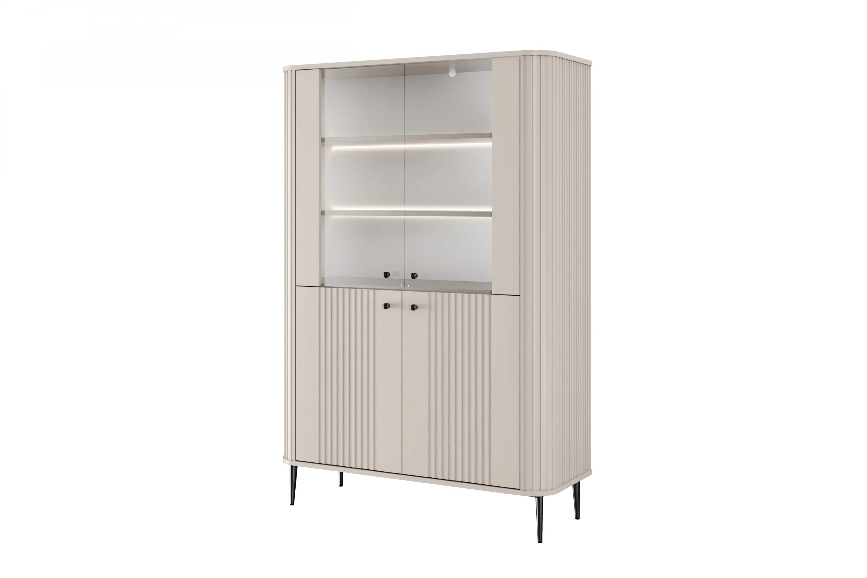 Witryna 4-drzwiowa z oświetleniem VESPER 103 ryflowany front cashmere czarne nogi