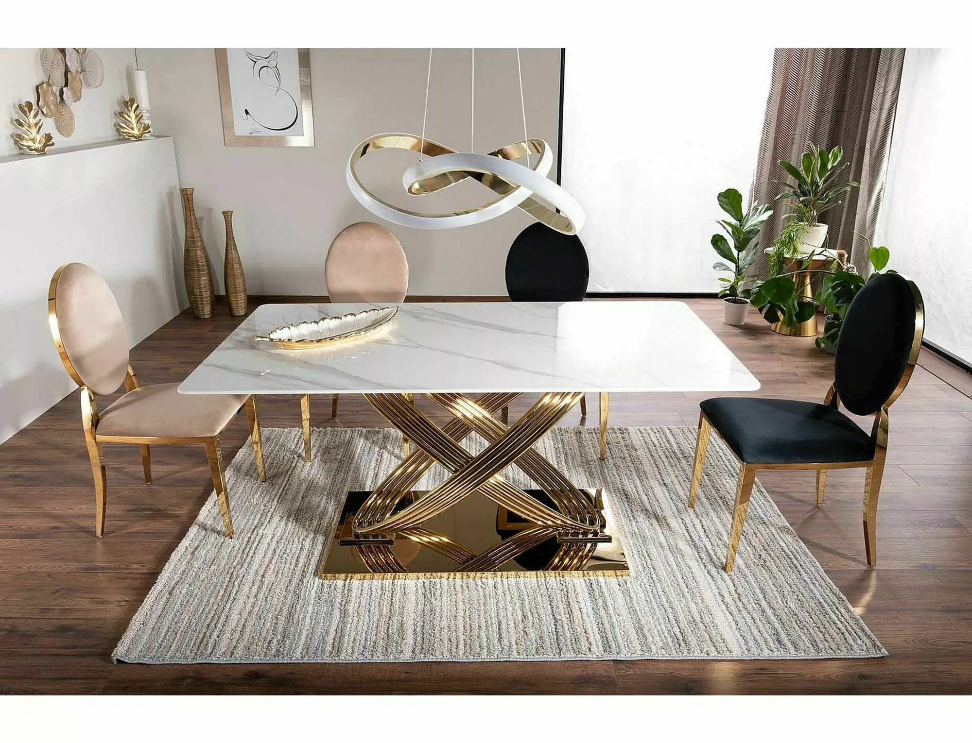 Stół nierozkładany HERMES 90x160 efekt marmuru biały połysk stelaż złoty - HERMESBZL160