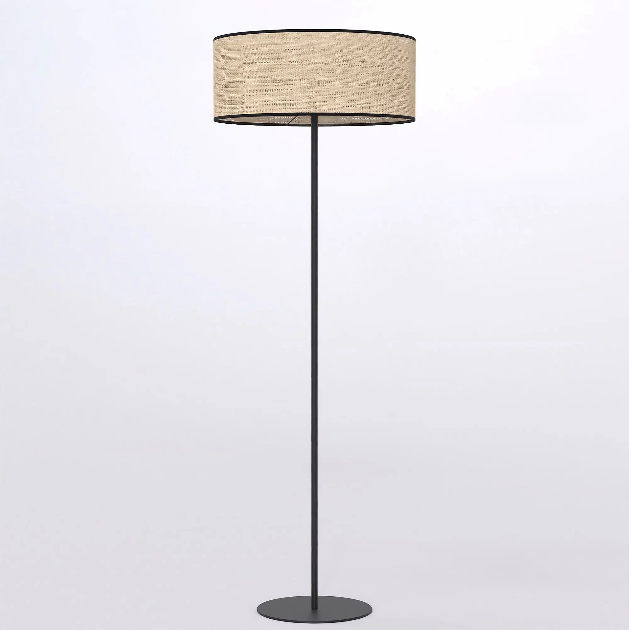 floor lamp, tall lamp, metal stem, beige lampshade, round base
