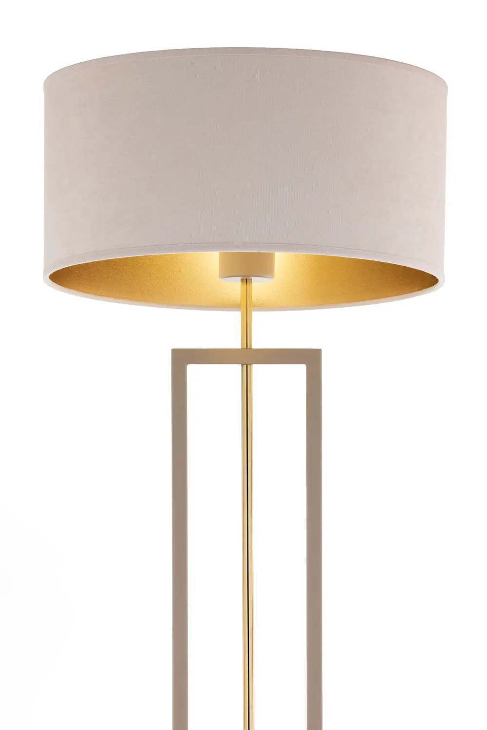 lampa stojąca, gleba metal, pełny abażur, metalowa konstrukcja, kolor złoty