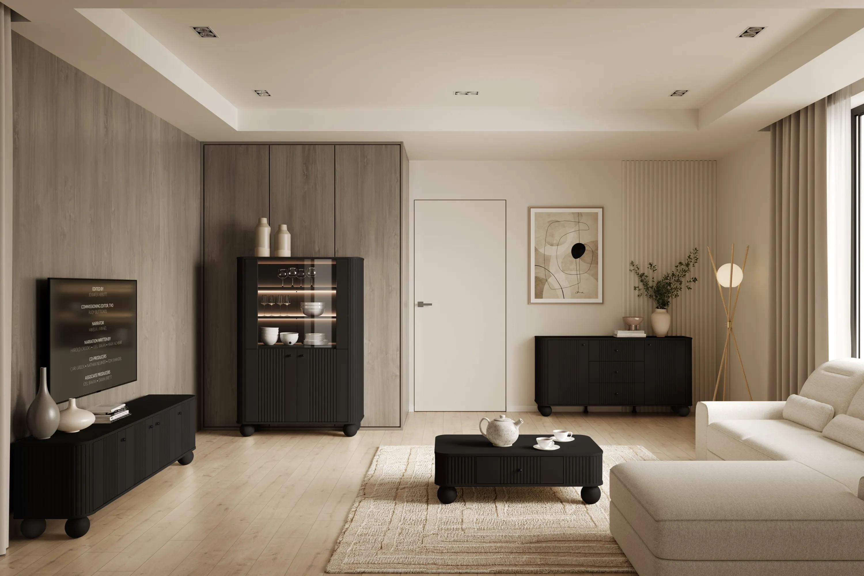 Witryna 4-drzwiowa z oświetleniem VESPER 103 ryflowany front czarna czarne uchwyty nogi kule - B_167230