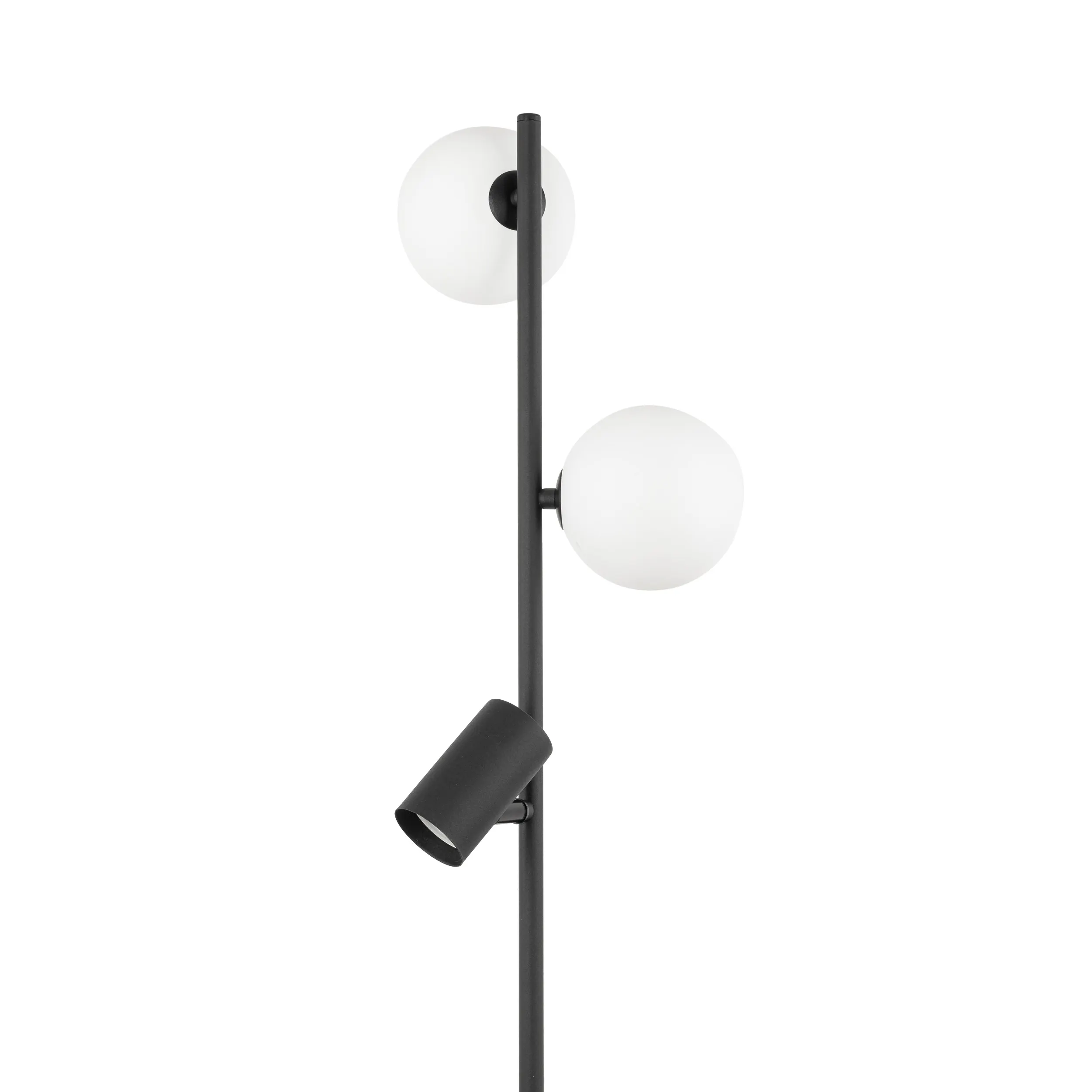 Lampa podłogowa VOX czarna z dwoma białymi okrągłymi szklanymi kloszami i lampką regulowaną do czytania z włącznikiem 172x30cm - TK_16063