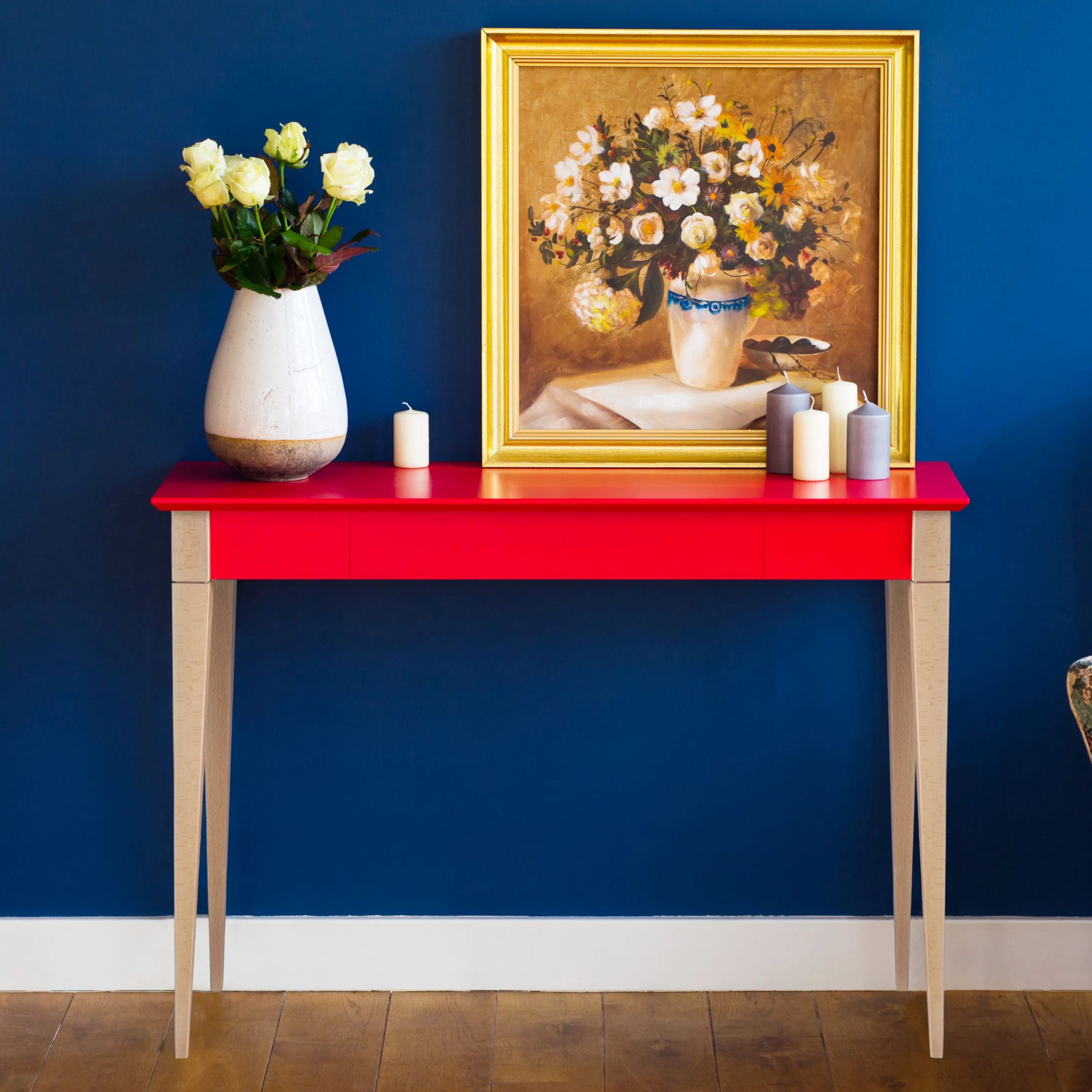 Biurko z szufladą 105x40 MIMO ciemnoniebieski blat/drewniane nogi - RAGABAWDMI314