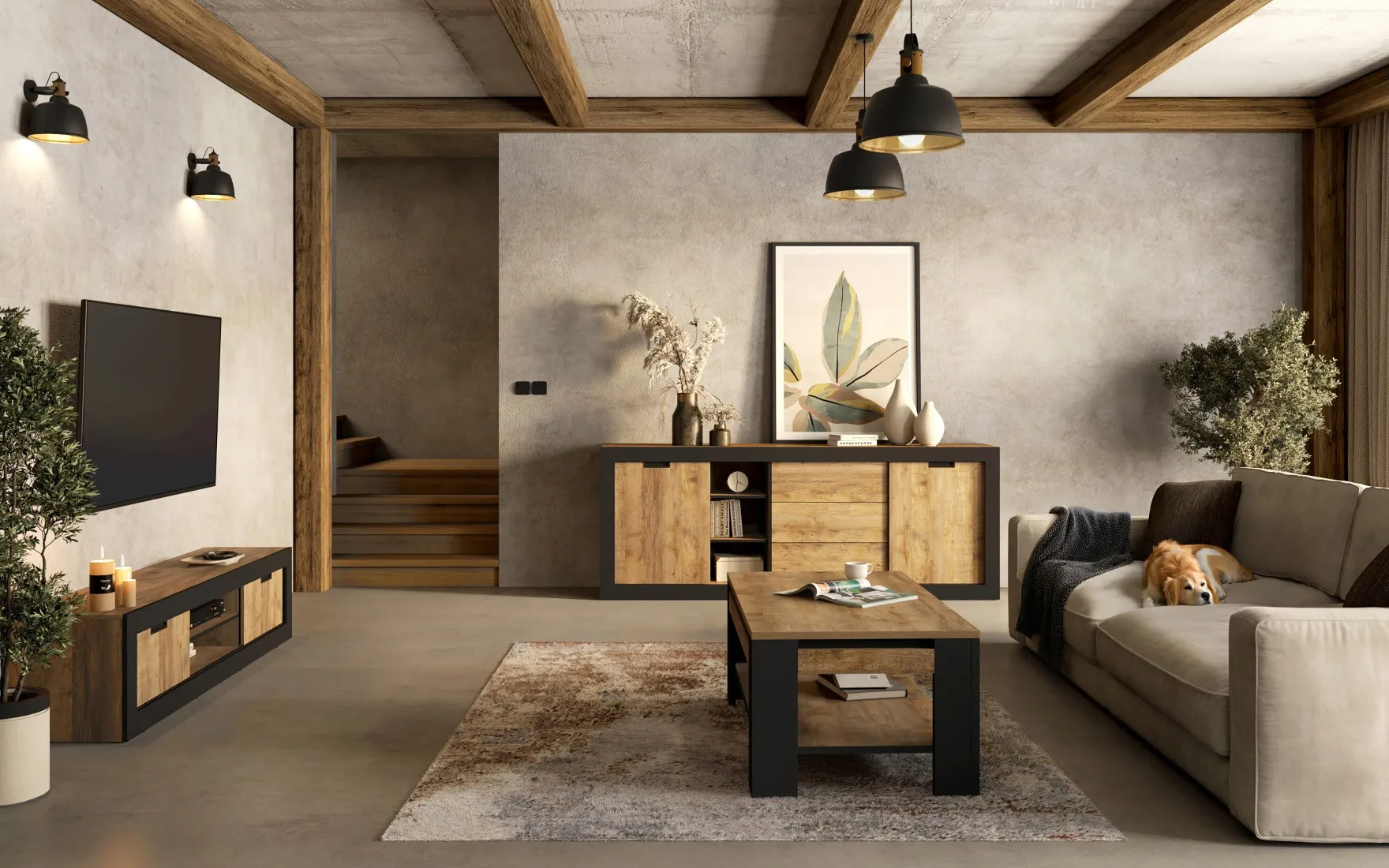 Stolik kawowy z półką TUDOR 60x120 - dąb samdal, czarny - 24WSNZ99