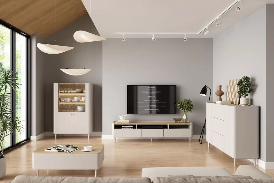 Komoda 2-drzwiowa z 3 szufladami ELIVO 150cm drewniane nóżki cashmere dąb olejowany — zdjęcie 9