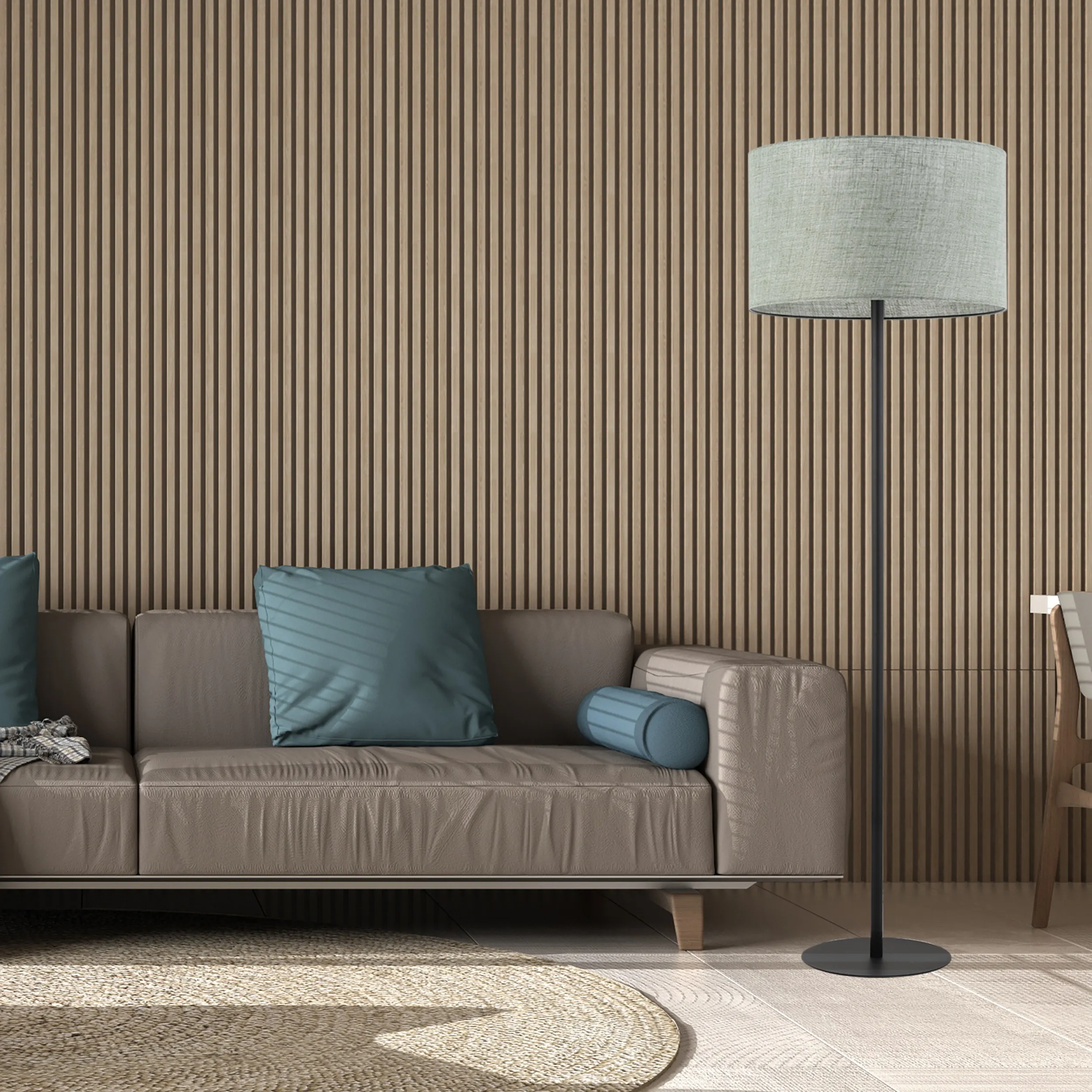 Lampa podłogowa EARTH czarna z zielonym okrągłym abażurem z tkaniny 159x50cm - TK_5476