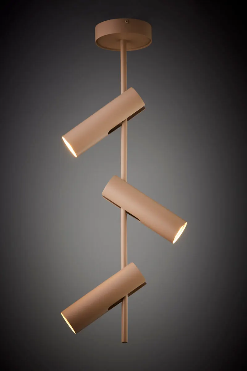 lampa wisząca, światło punktowe, trzy cylindry, minimalistyczna, kolor beżowy